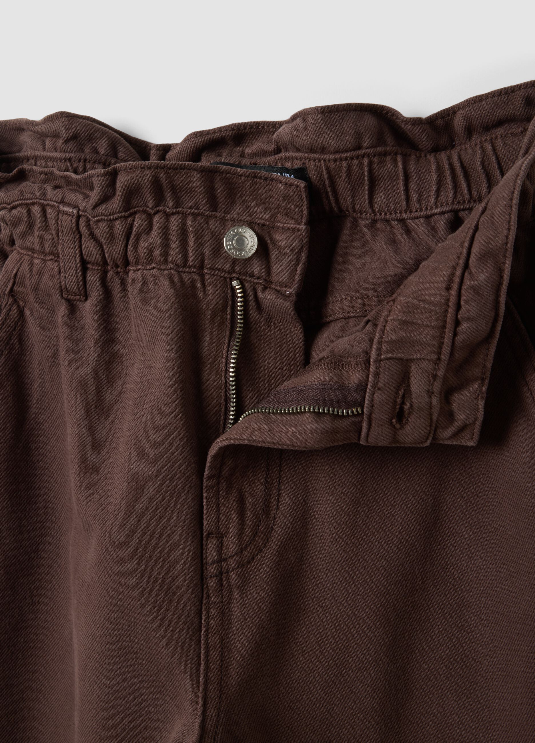 Brown baggy-fit pure cotton denim jeans with paperbag waist