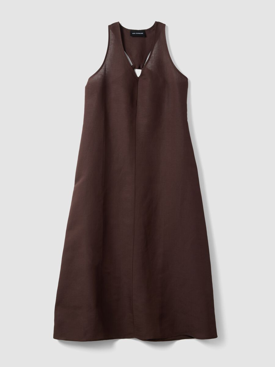 Abito maxi marrone in misto lino e viscosa regular fit con scollo a V_4