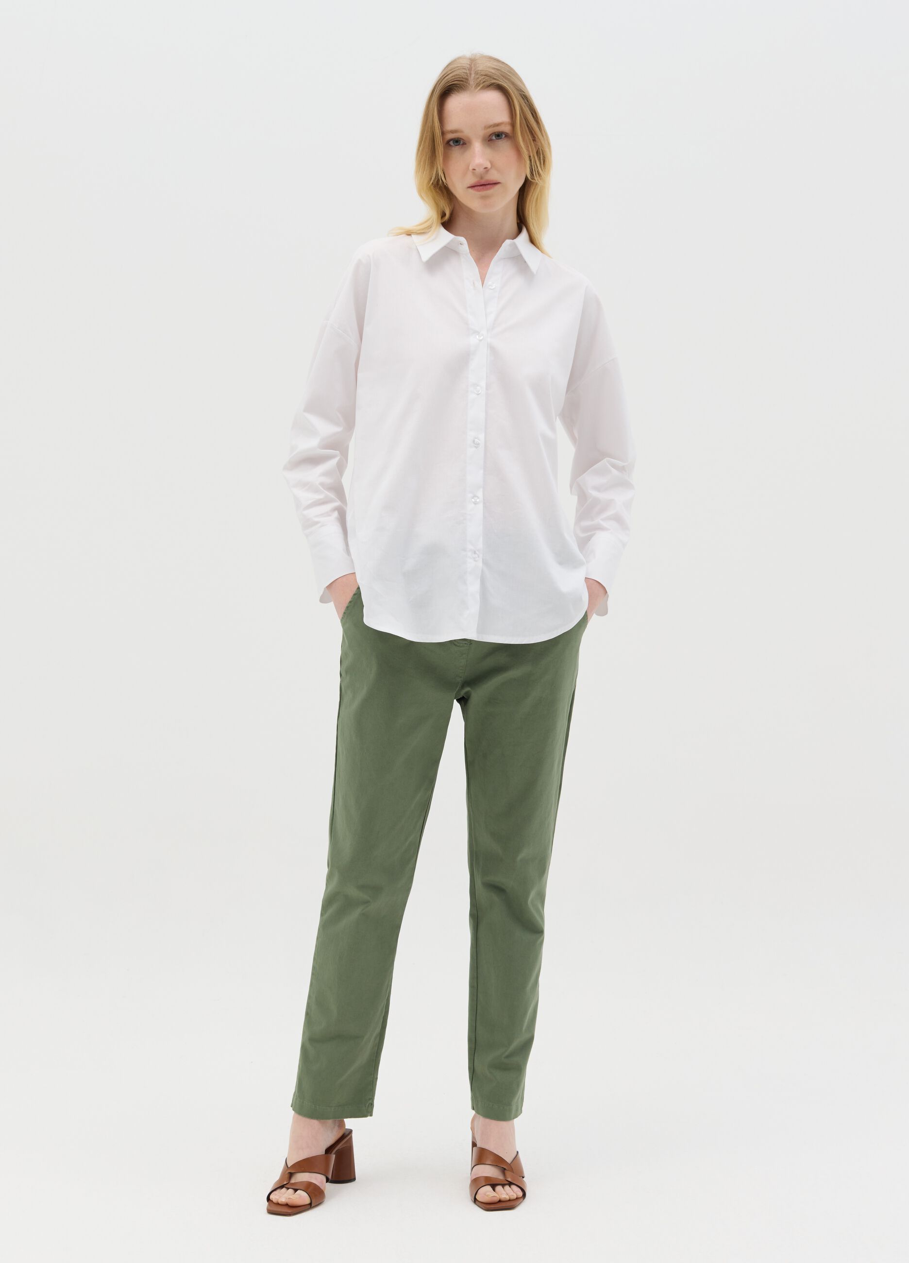 Green stretch cotton trousers with drawstring