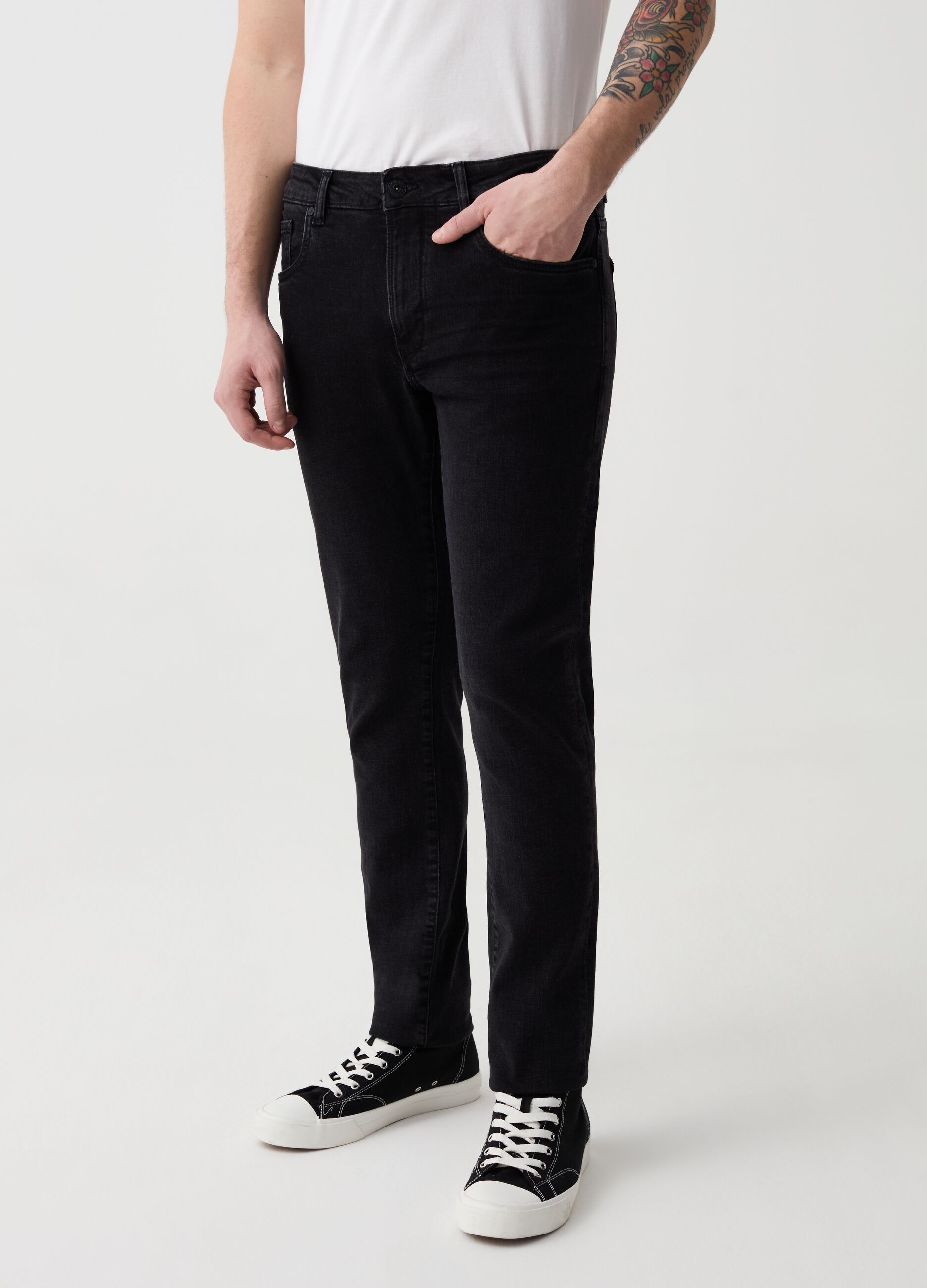 Slim-fit cross-hatch cotton jeans