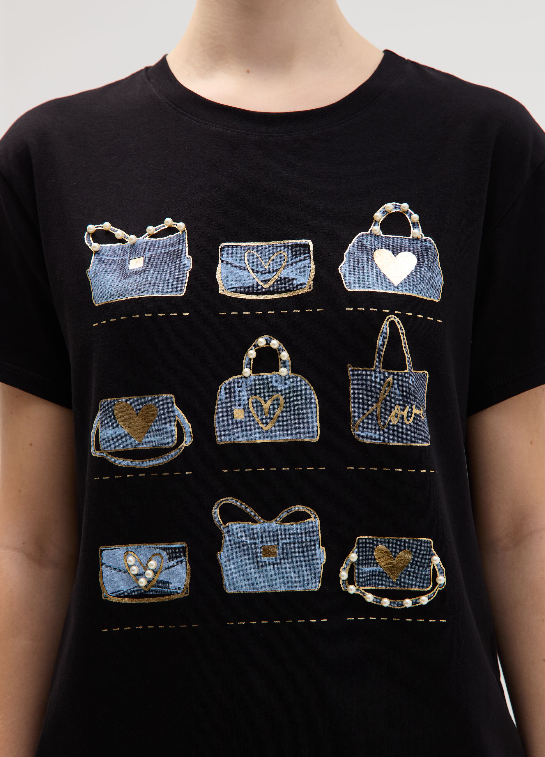 T-shirt stampa borsette con perline