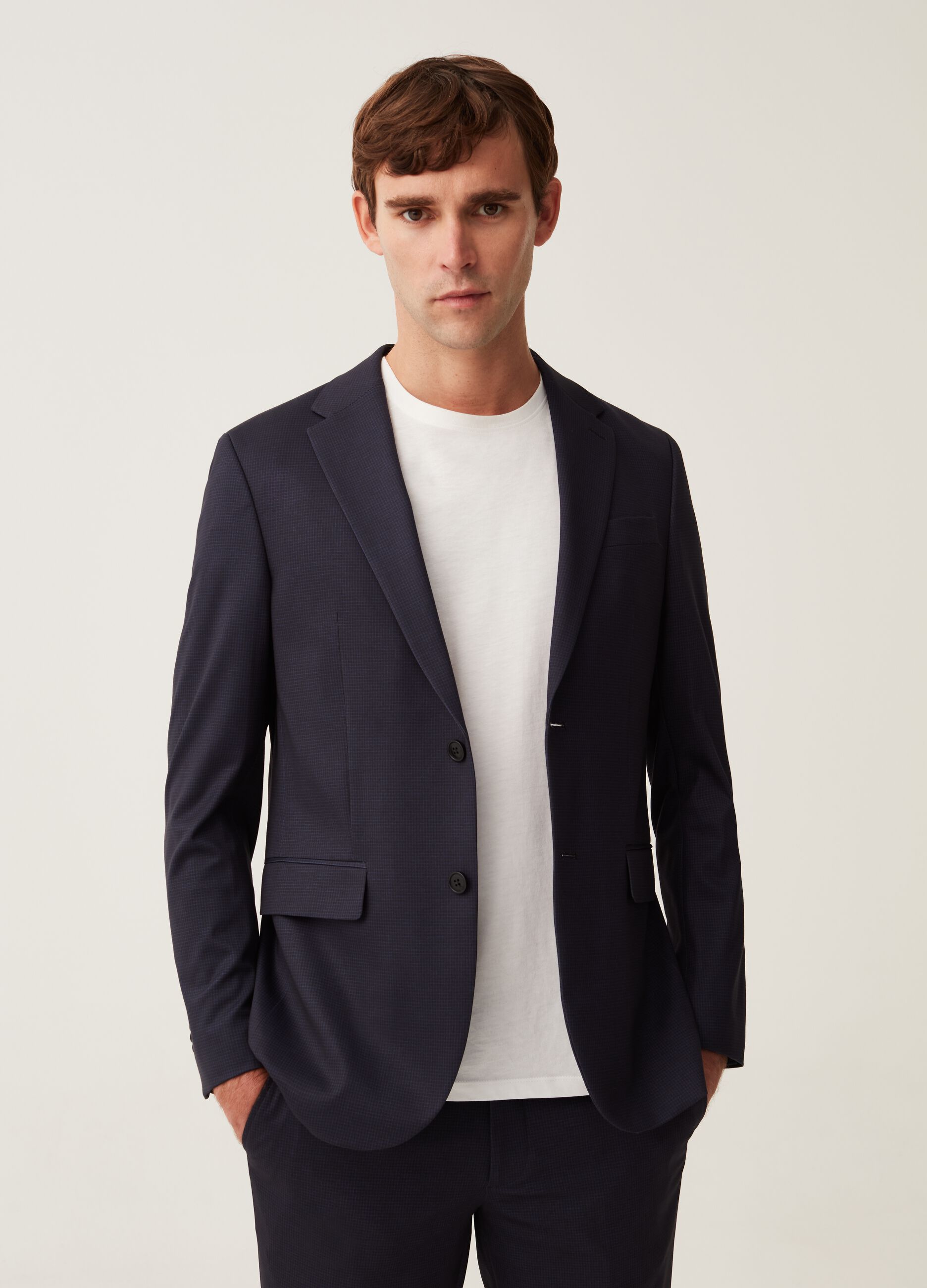 Blazer easy fit in maglia fantasia micro quadri_0