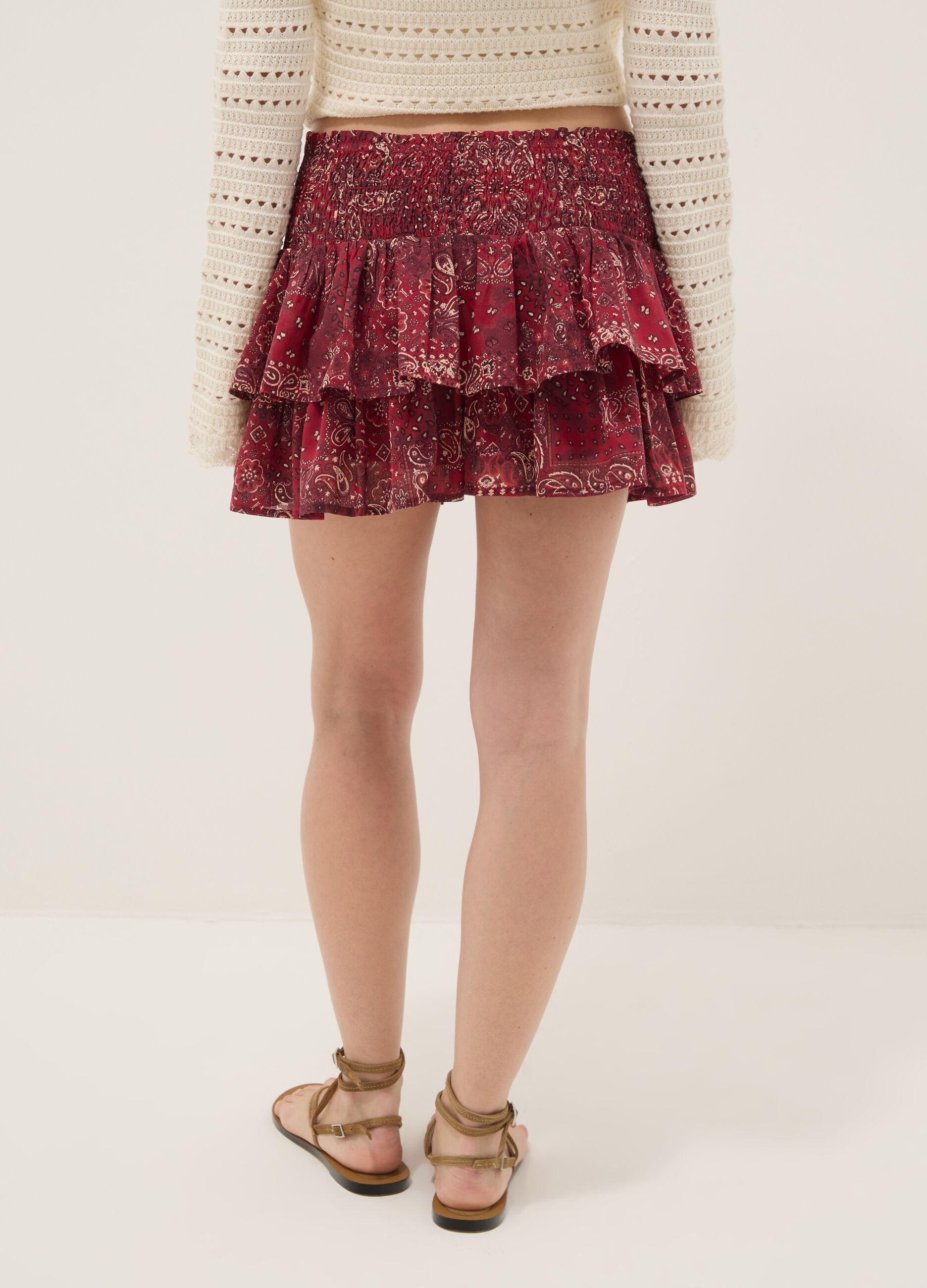 Red pure cotton mini skirt with ruffles and pattern