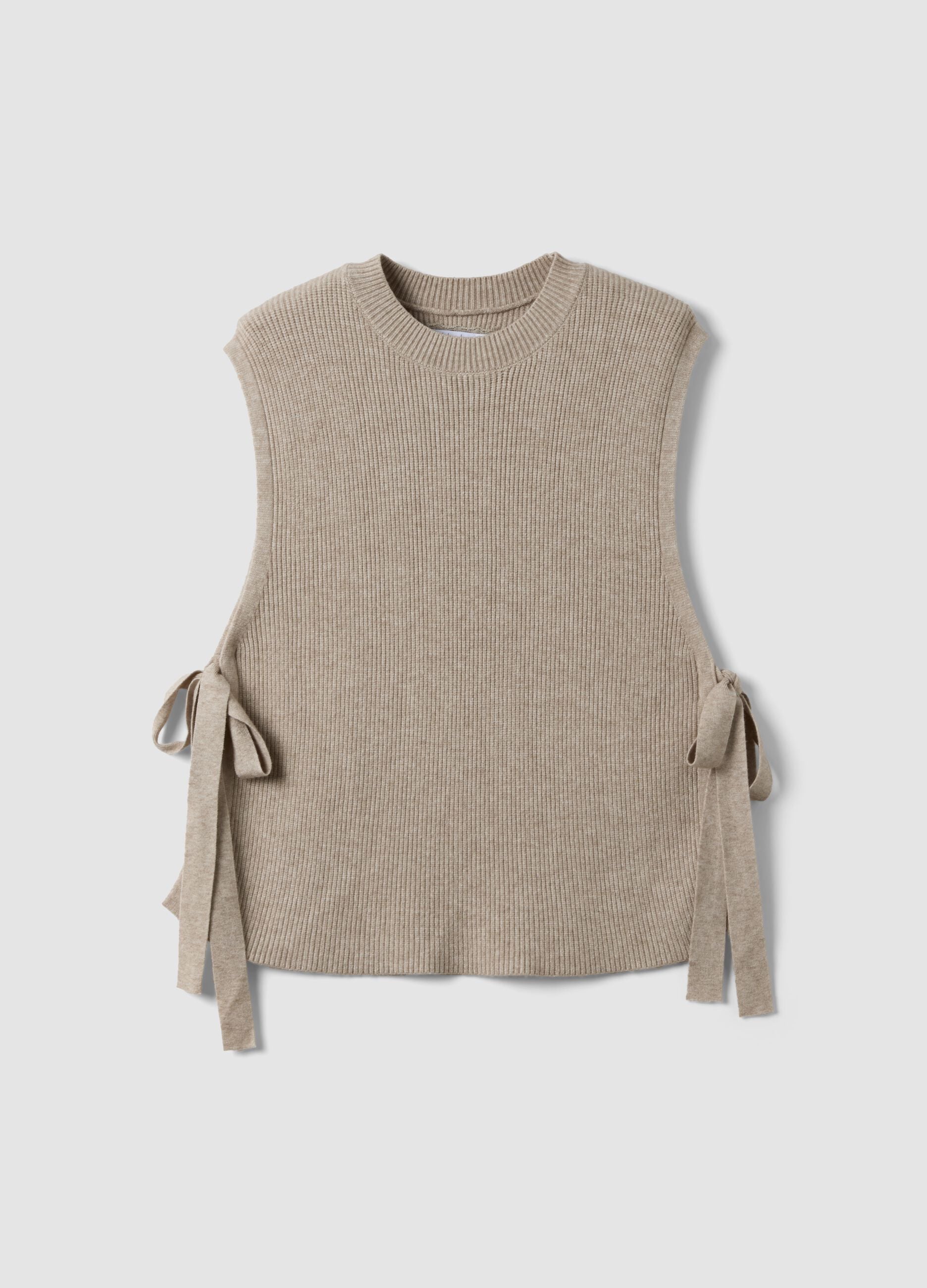 Beige ribbed viscose-blend gilet with side bows, regular fit