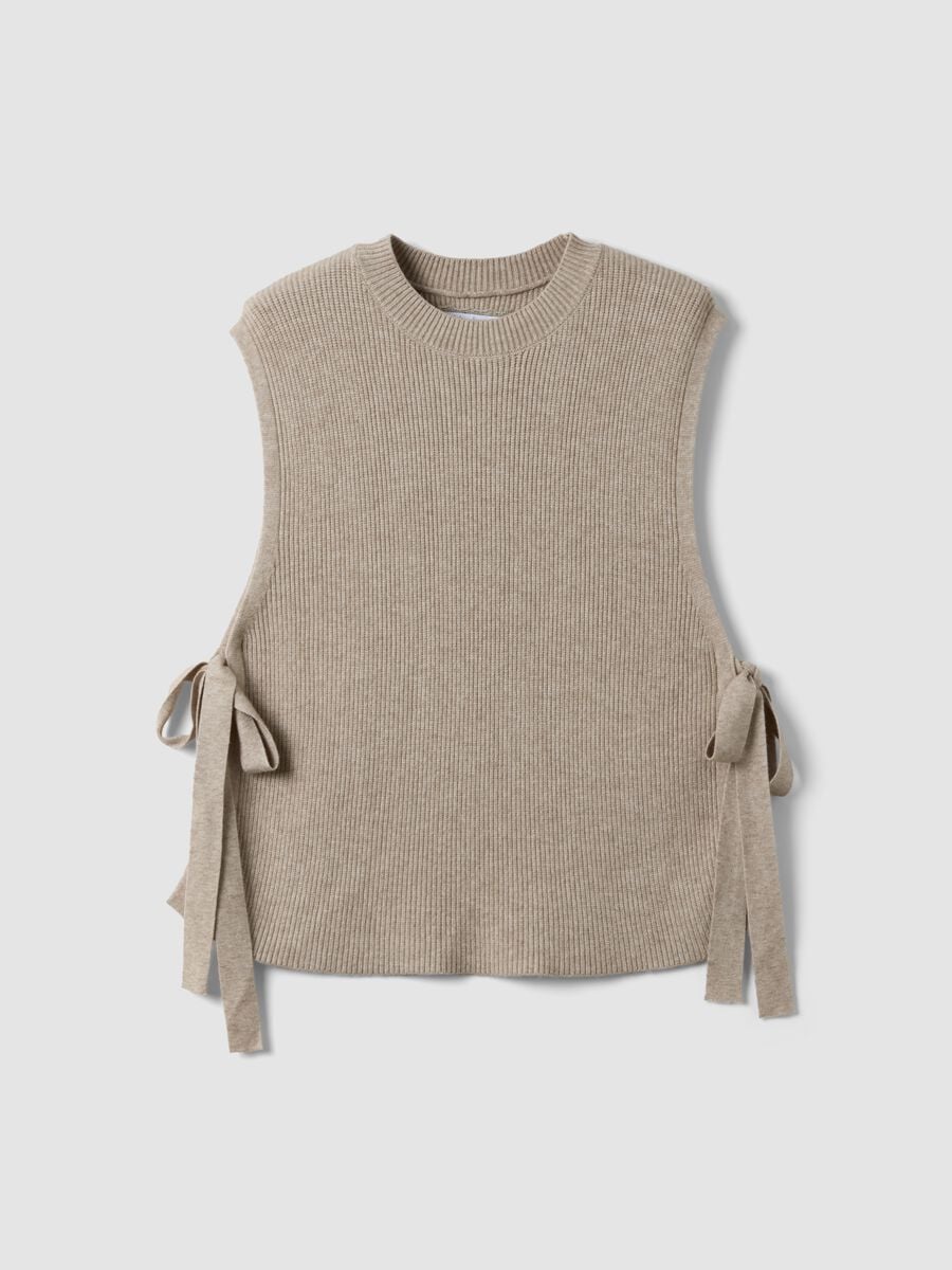 Beige ribbed viscose-blend gilet with side bows, regular fit_0