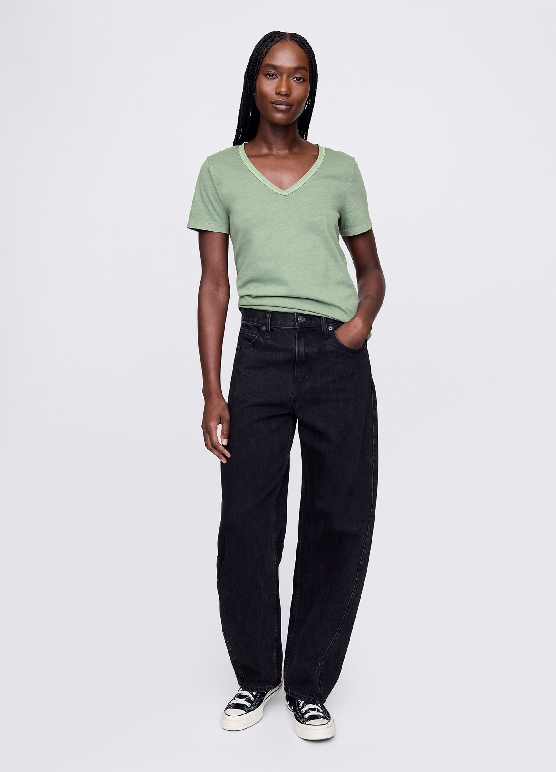 Green V-neck T-shirt in cotton