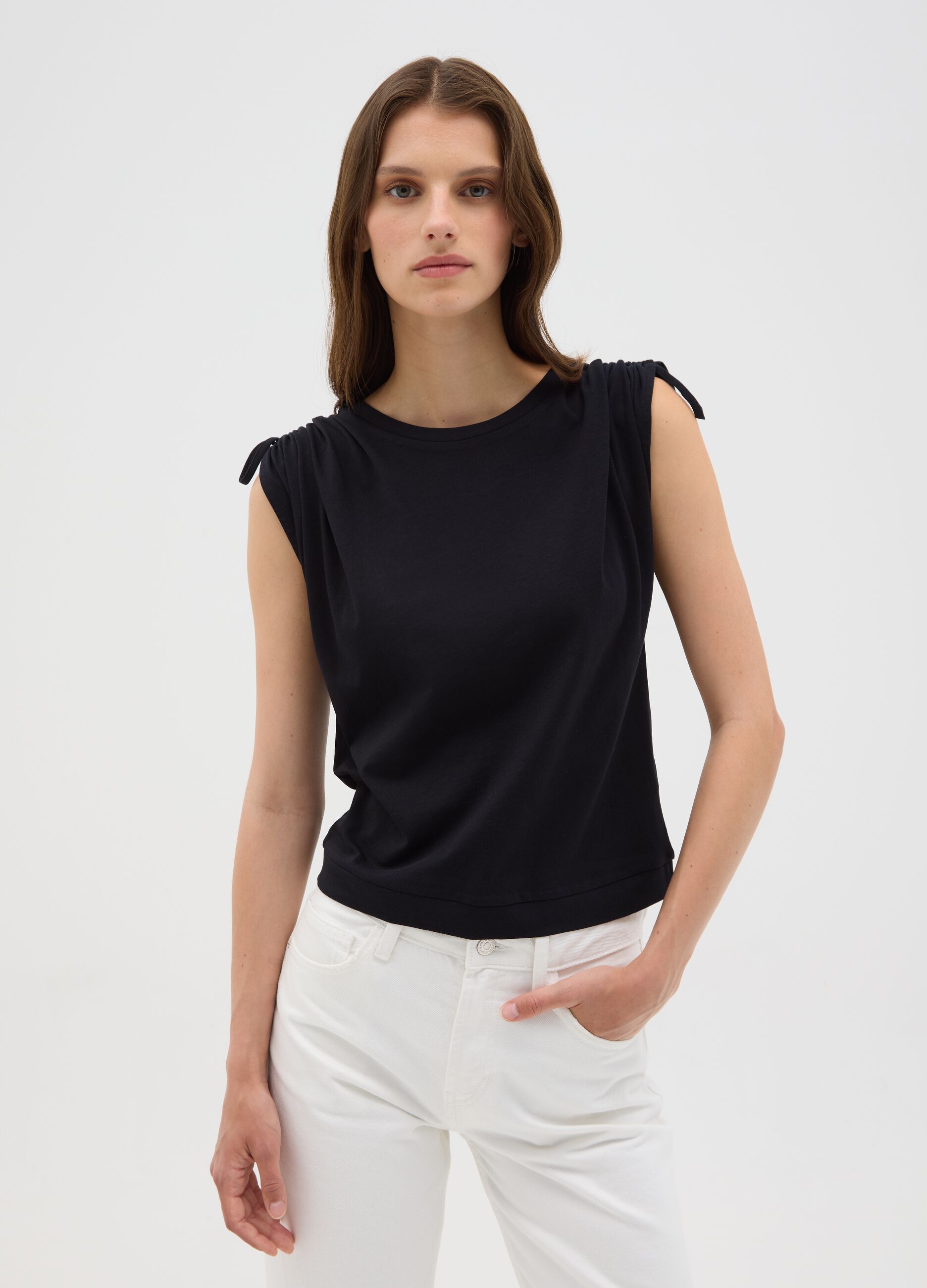 Women's black pure cotton regular fit T-shirt with drawstrings