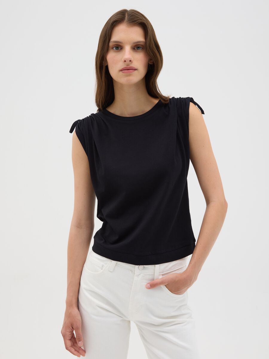 Women's black pure cotton regular fit T-shirt with drawstrings_0