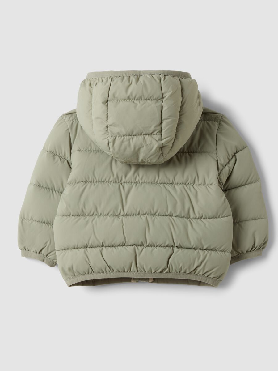 Green padded ultralight jacket with hood and zip for baby_1
