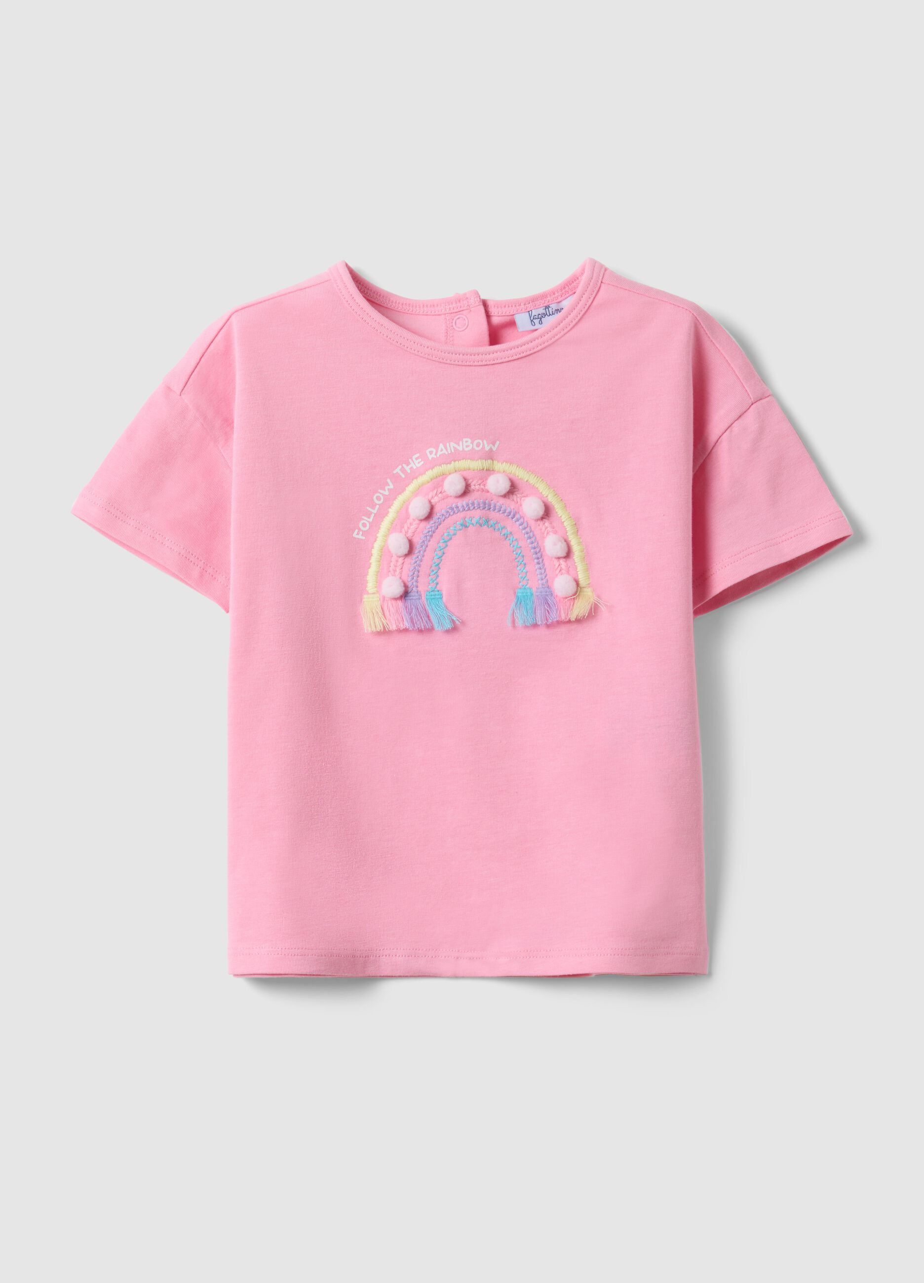 Pink stretchy cotton girl's T-shirt with rainbow embroidery