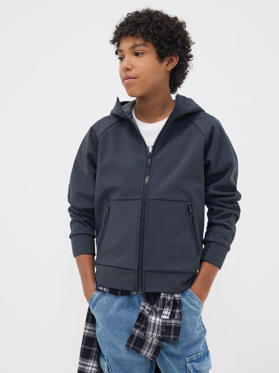Grey hooded stretch-fabric jacket for boys_1