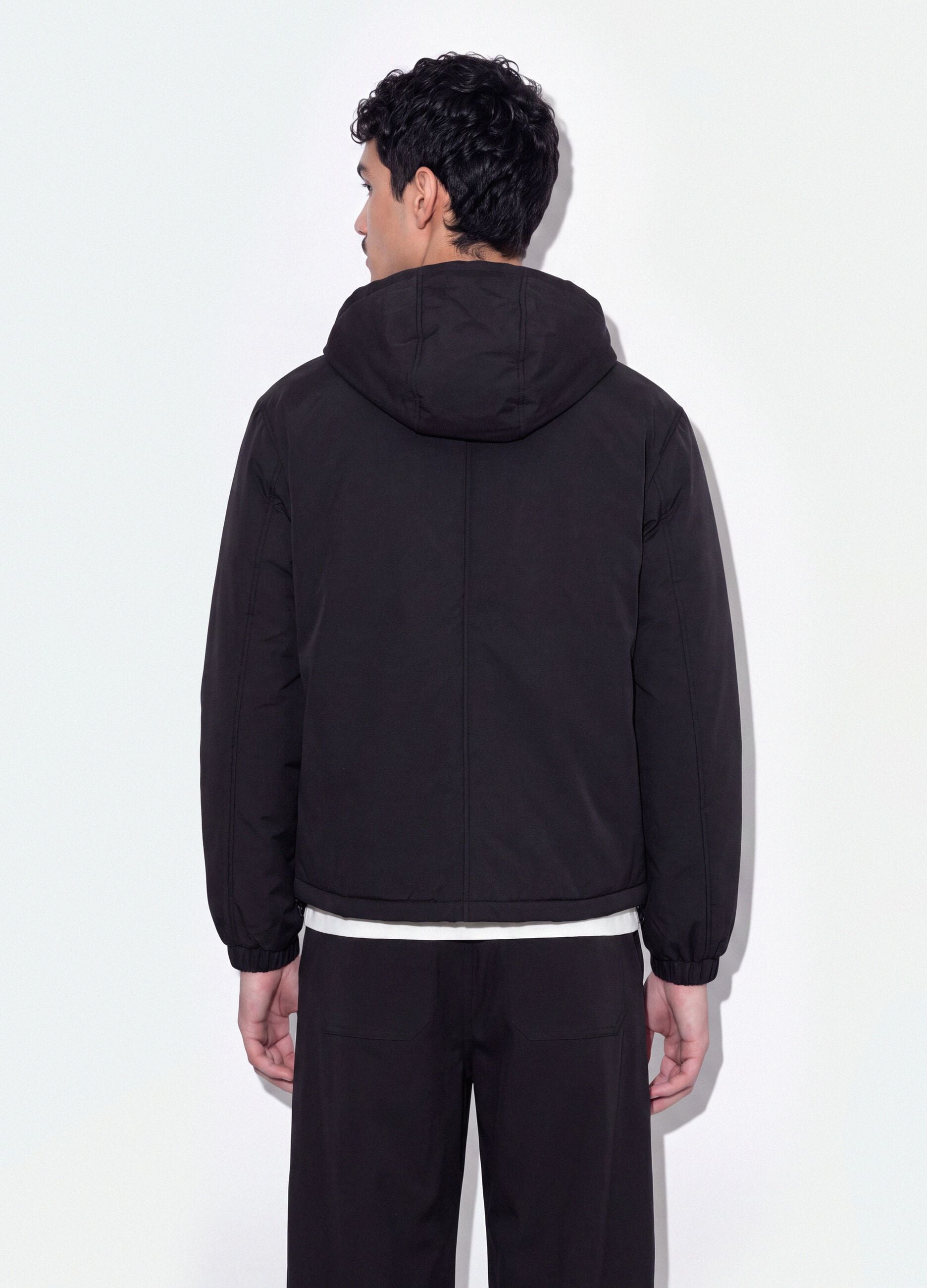Black padded hooded jacket with zip, oversized fit