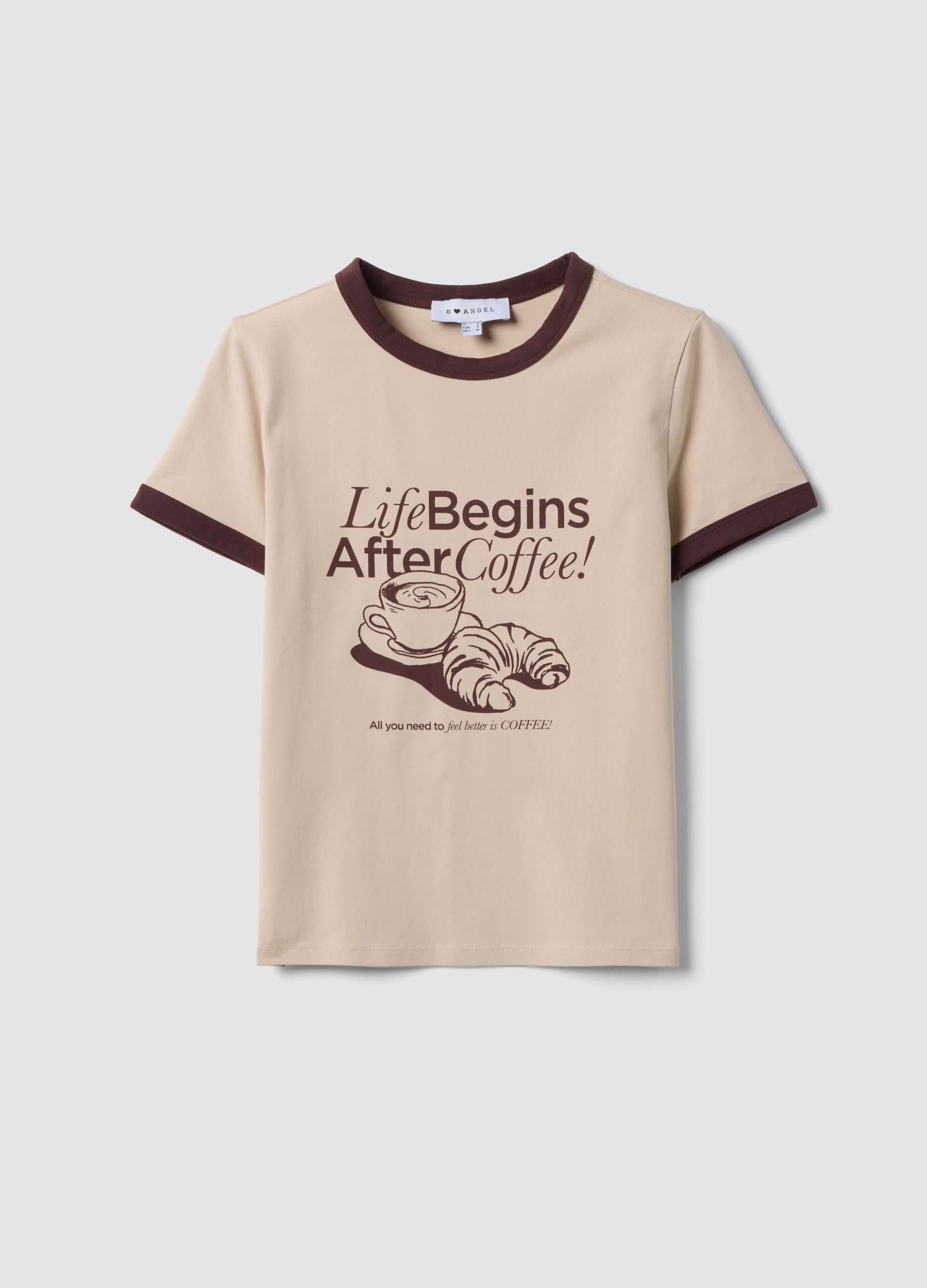 Pink cotton T-shirt with front graphic print and contrast trims