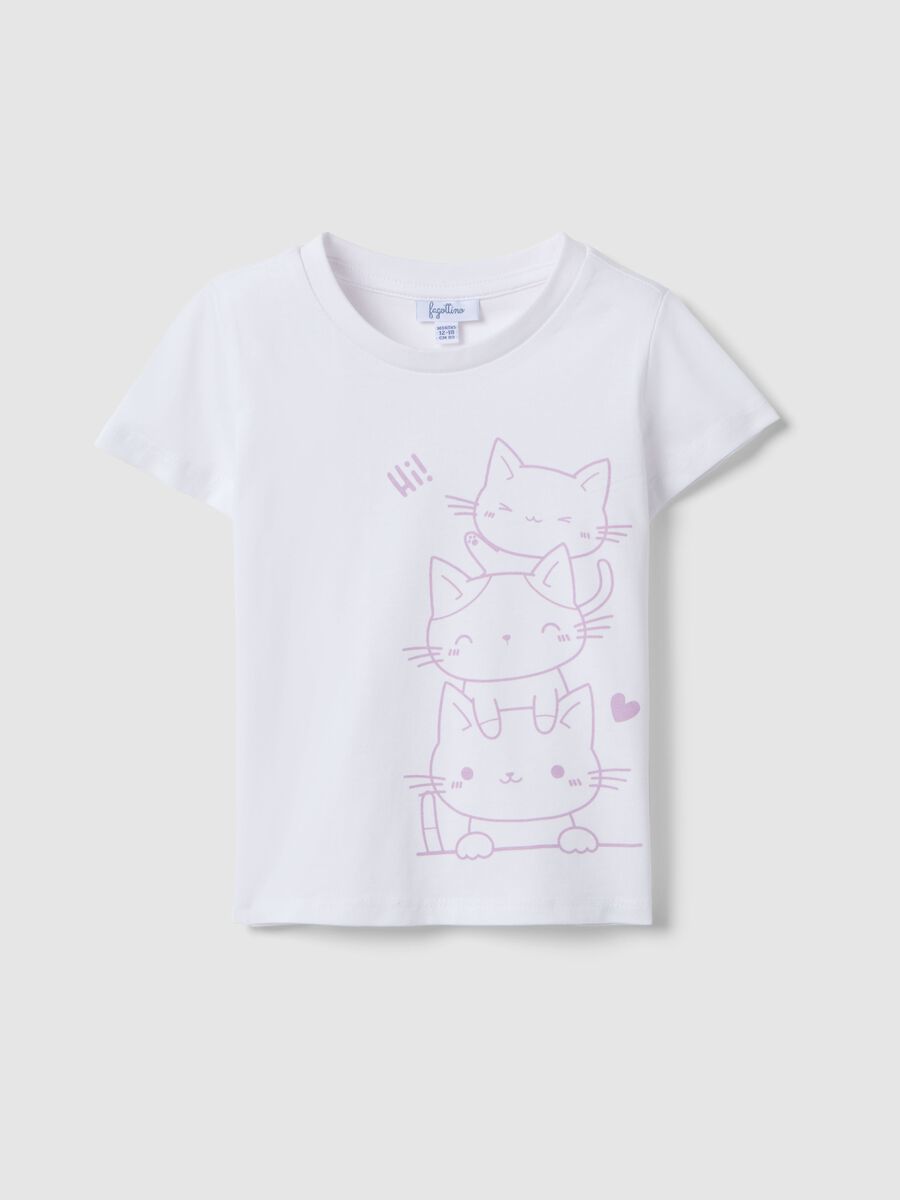 Girls' white cotton t-shirt with cat print, regular fit_0