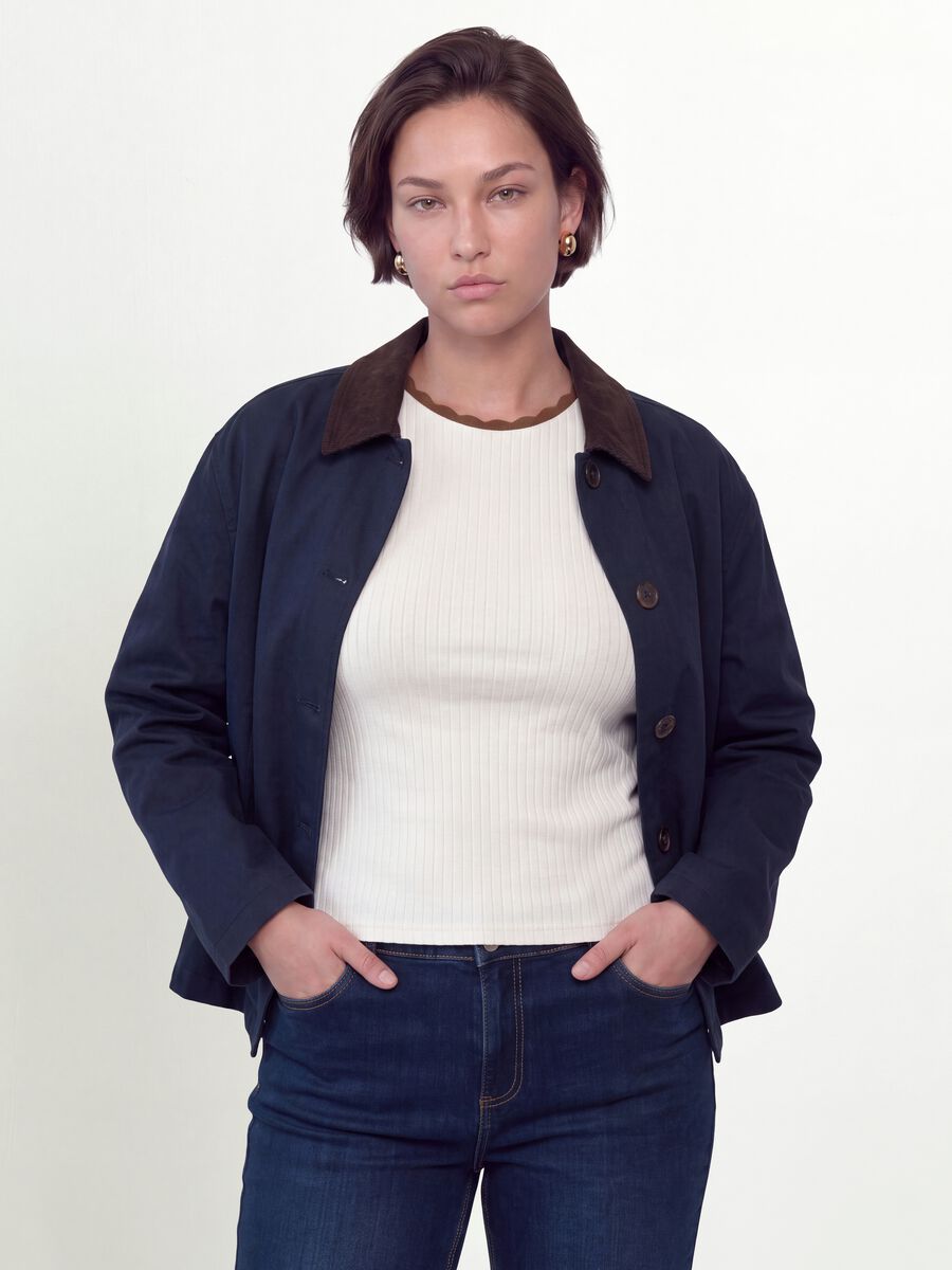 Giacca blu in puro cotone con colletto a contrasto regular fit_1