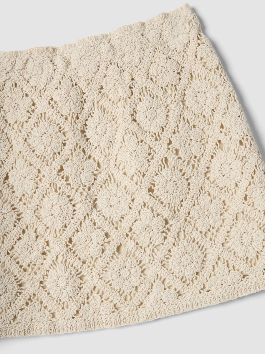 Gonna mini in misto cotone beige con pizzo floreale_5
