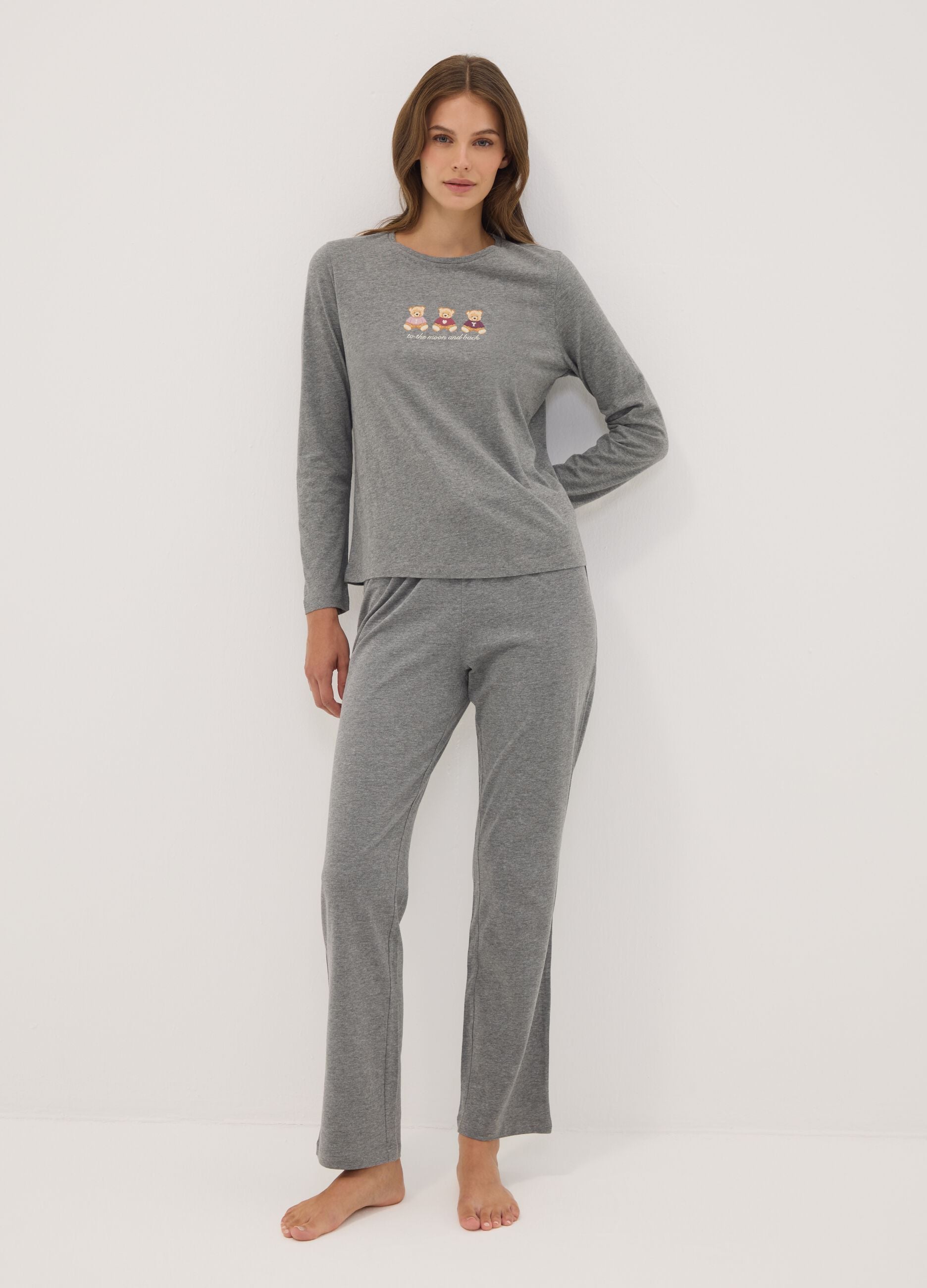 Grey organic cotton and viscose blend pyjamas with teddy bear print