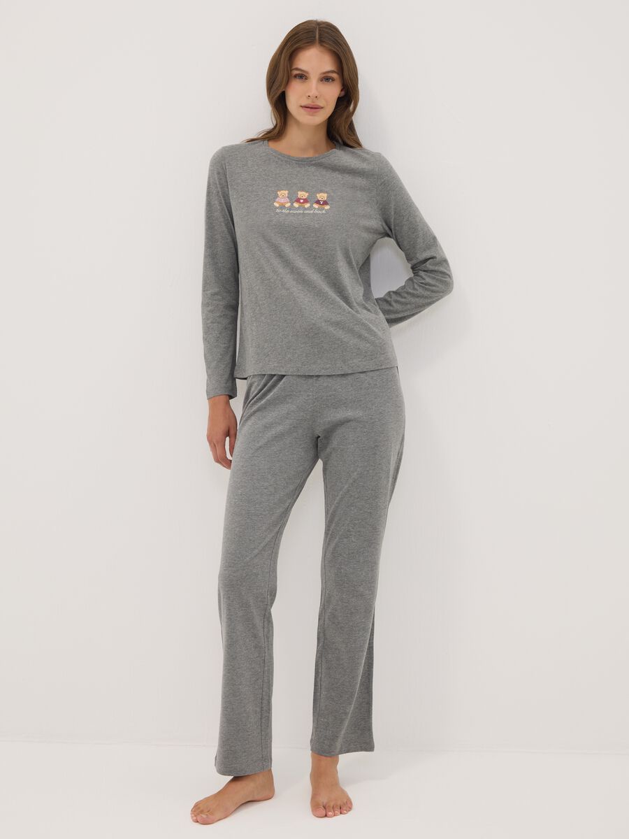 Grey organic cotton and viscose blend pyjamas with teddy bear print_0