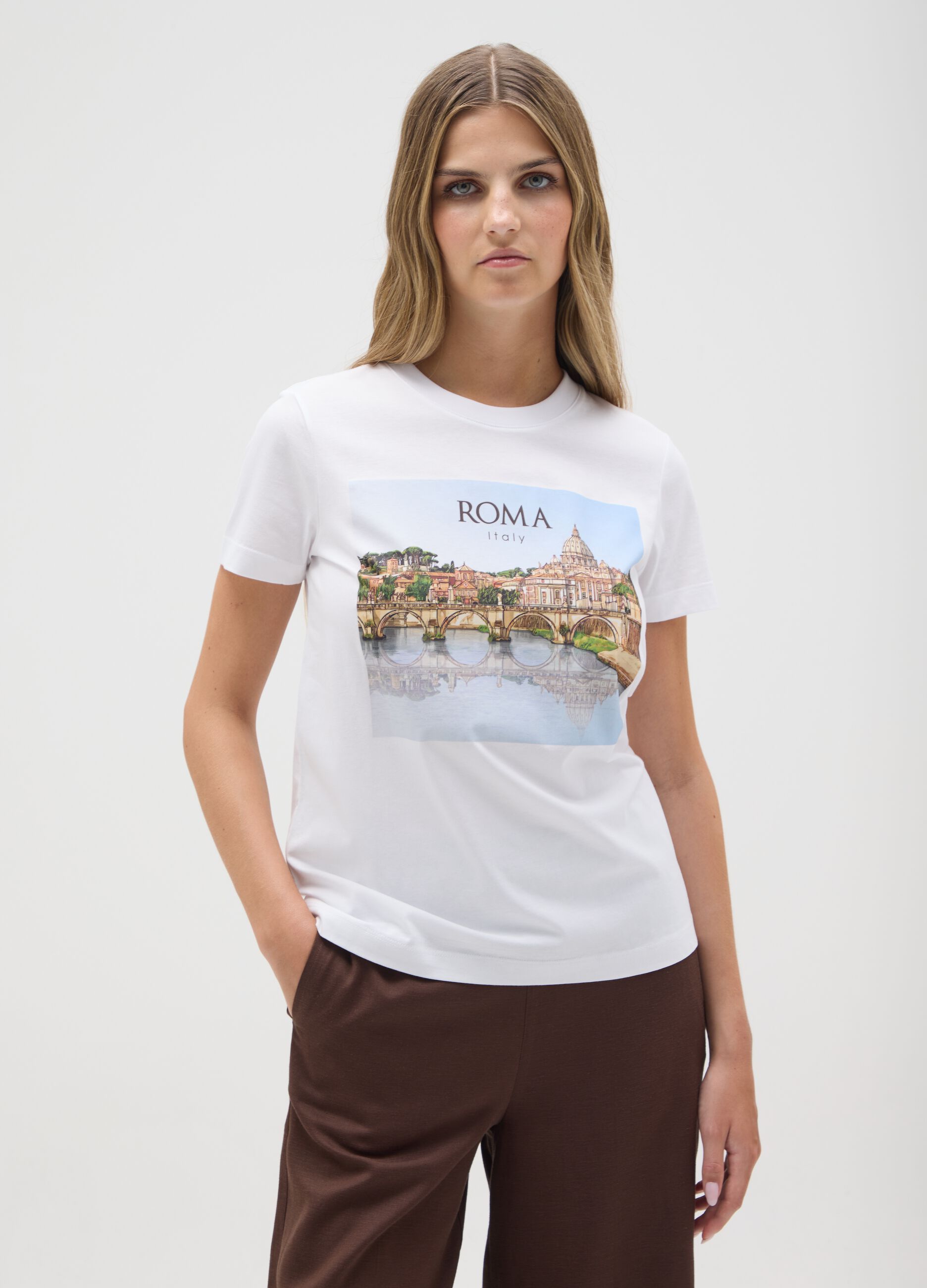 Women's pure white cotton T-shirt regular fit