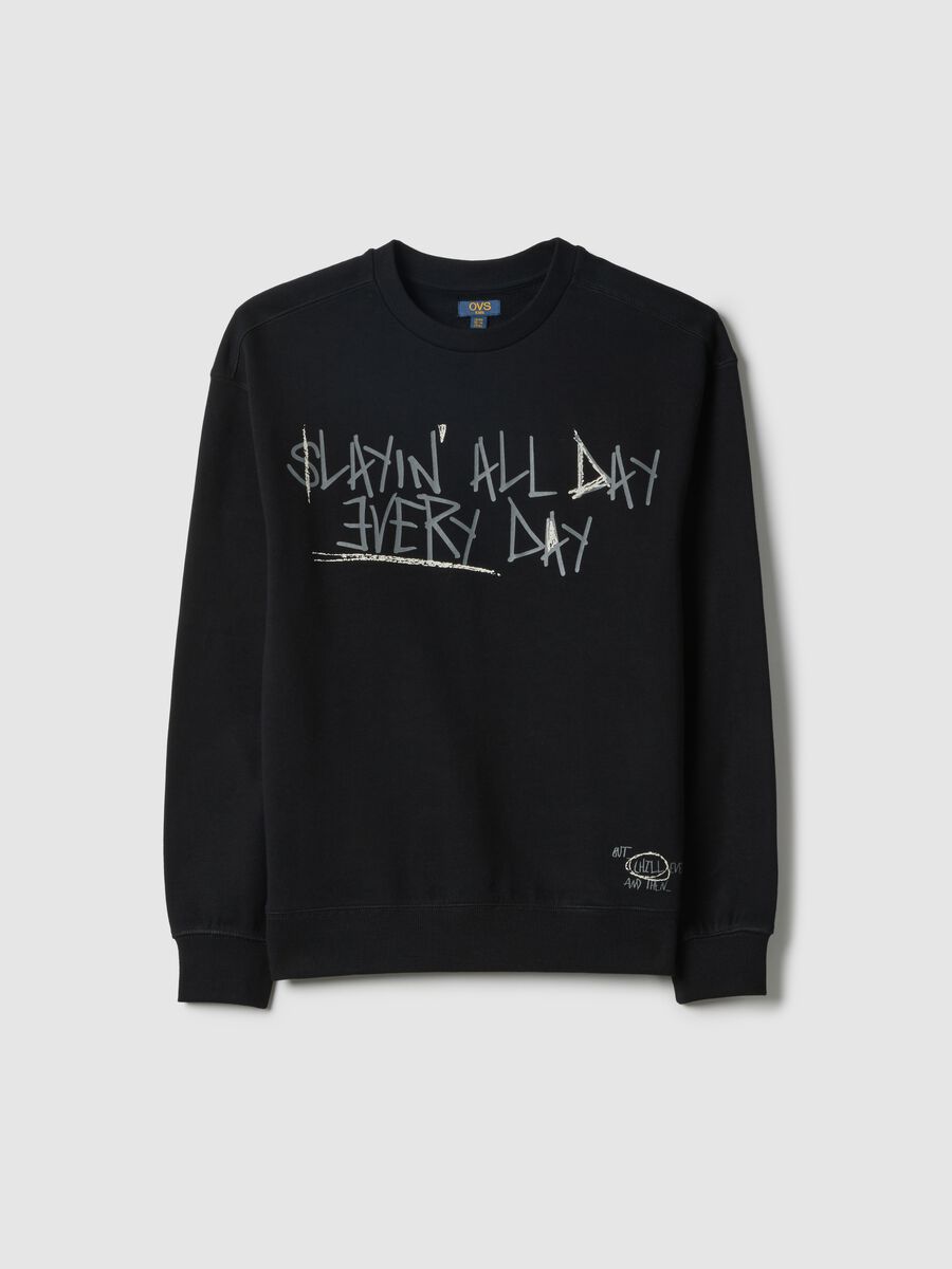 Felpa in puro cotone nera da ragazzo over fit con scritta_3