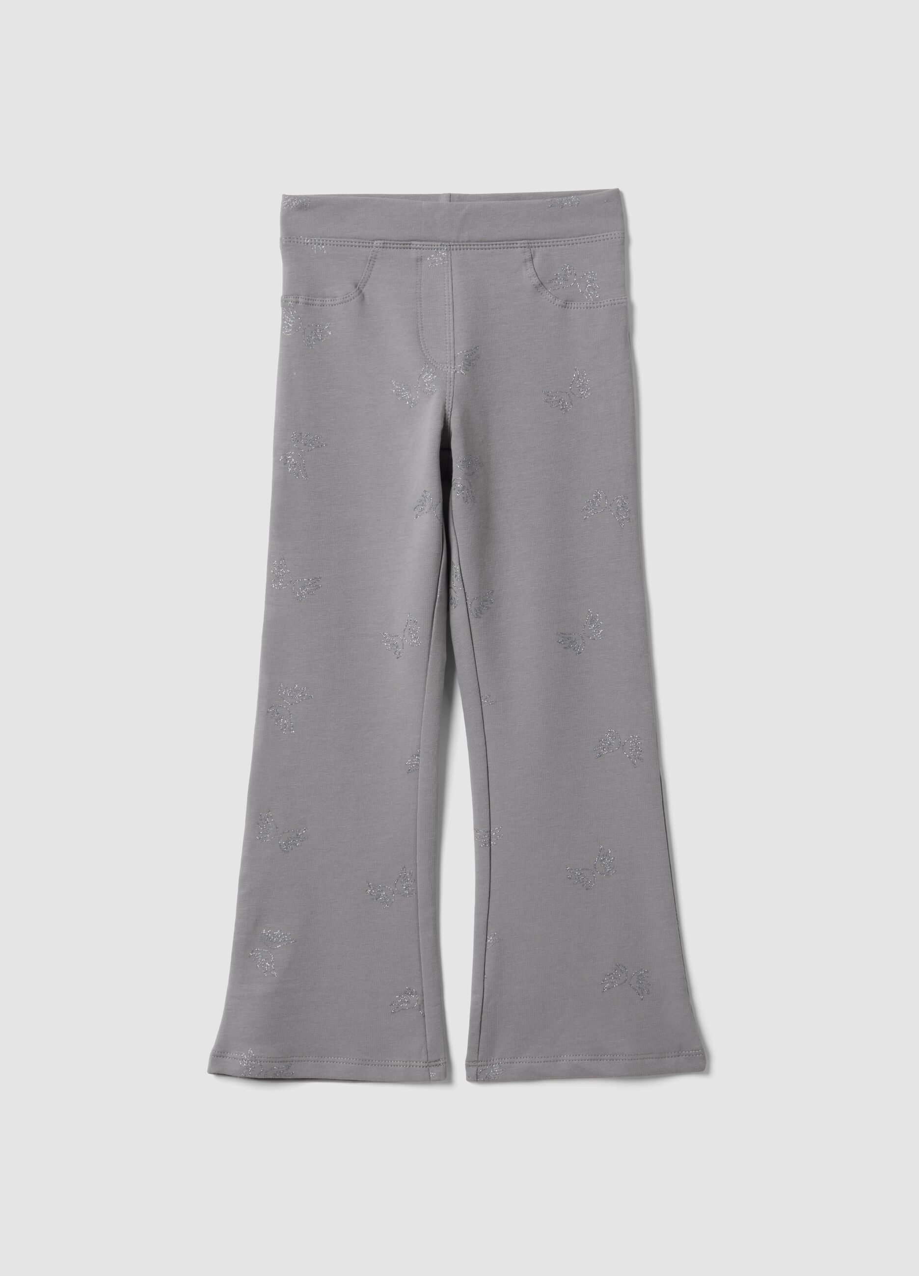 Grey flared treggings in stretch organic cotton with glitter wings