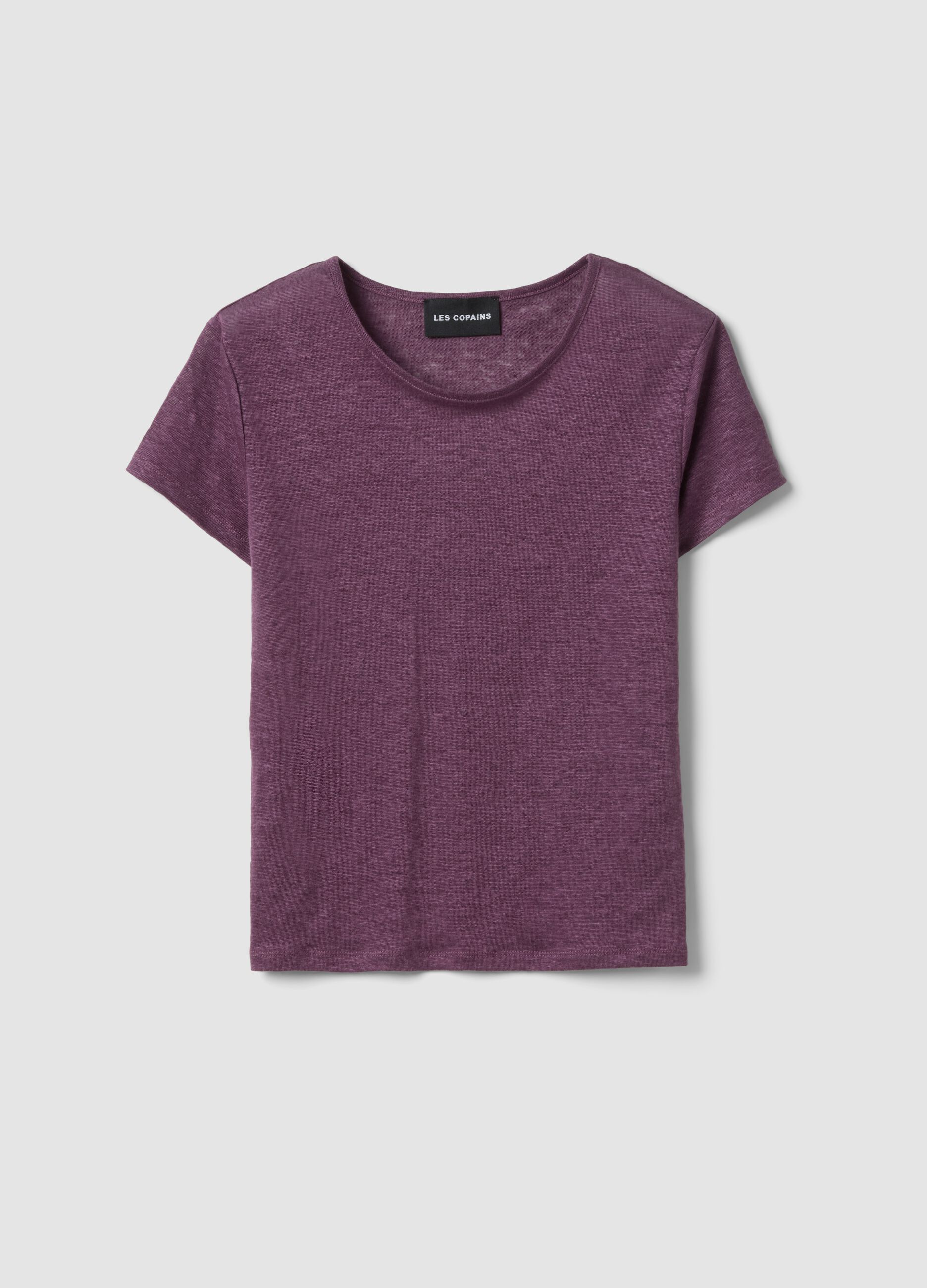Purple short-sleeved pure linen T-shirt, regular fit