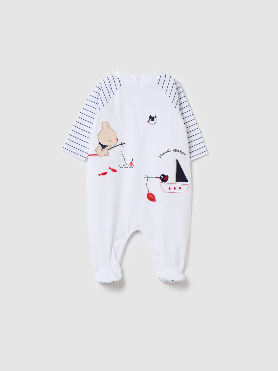 Cotton onesie with feet and "Piccoli Pescatori" embroidery_0