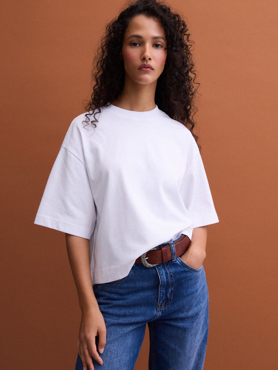 T-shirt bianca in misto cotone jersey a girocollo regular fit_0