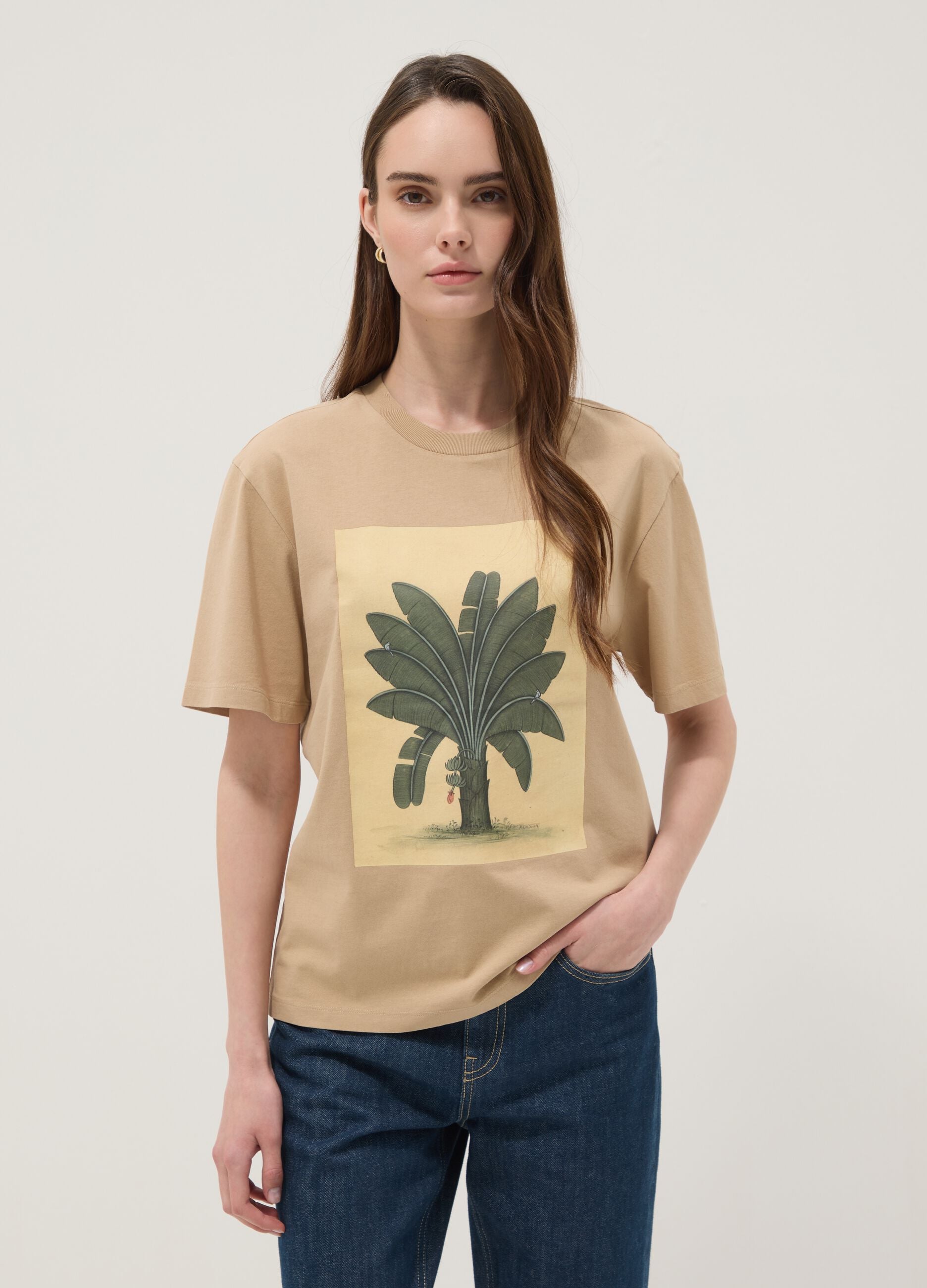 Beige pure cotton T-shirt with front print