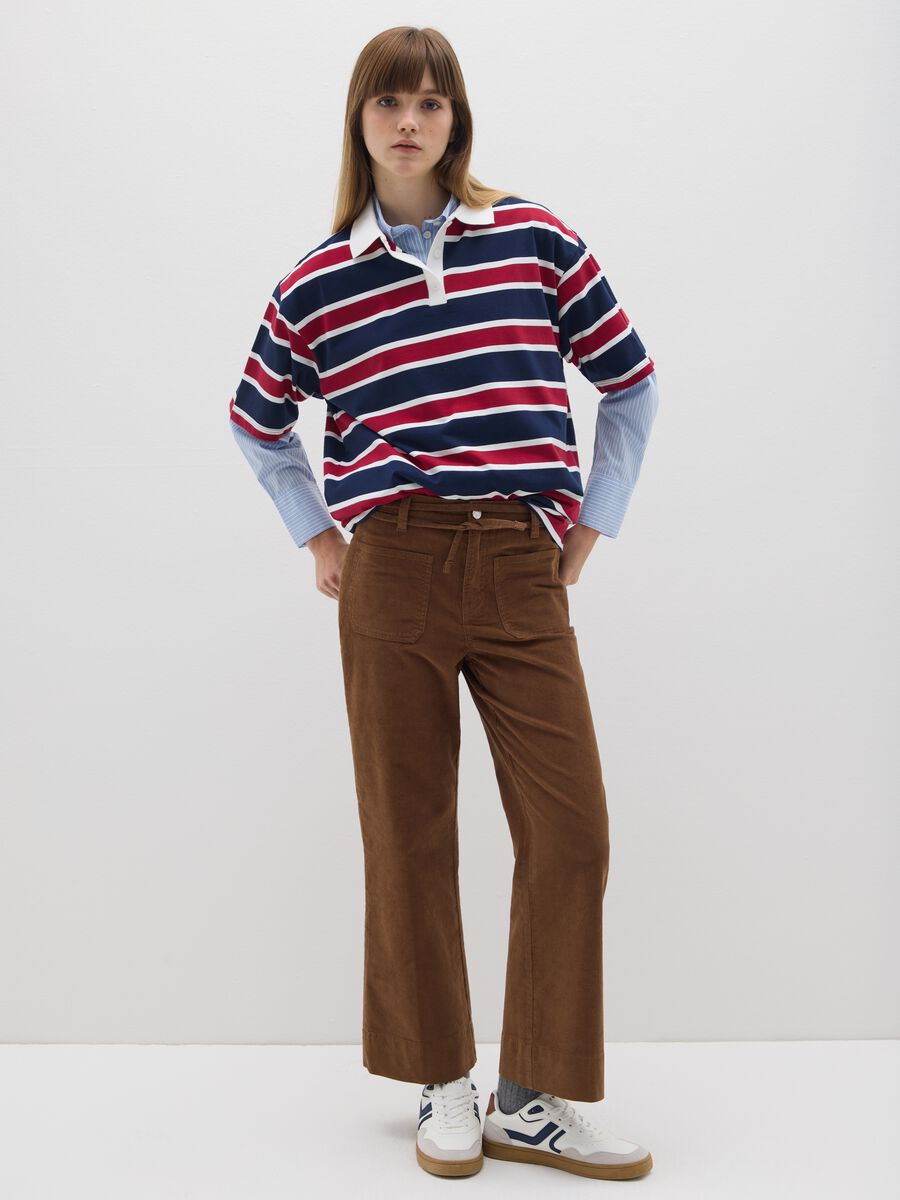 Brown Flare Stretch Corduroy Trousers_0