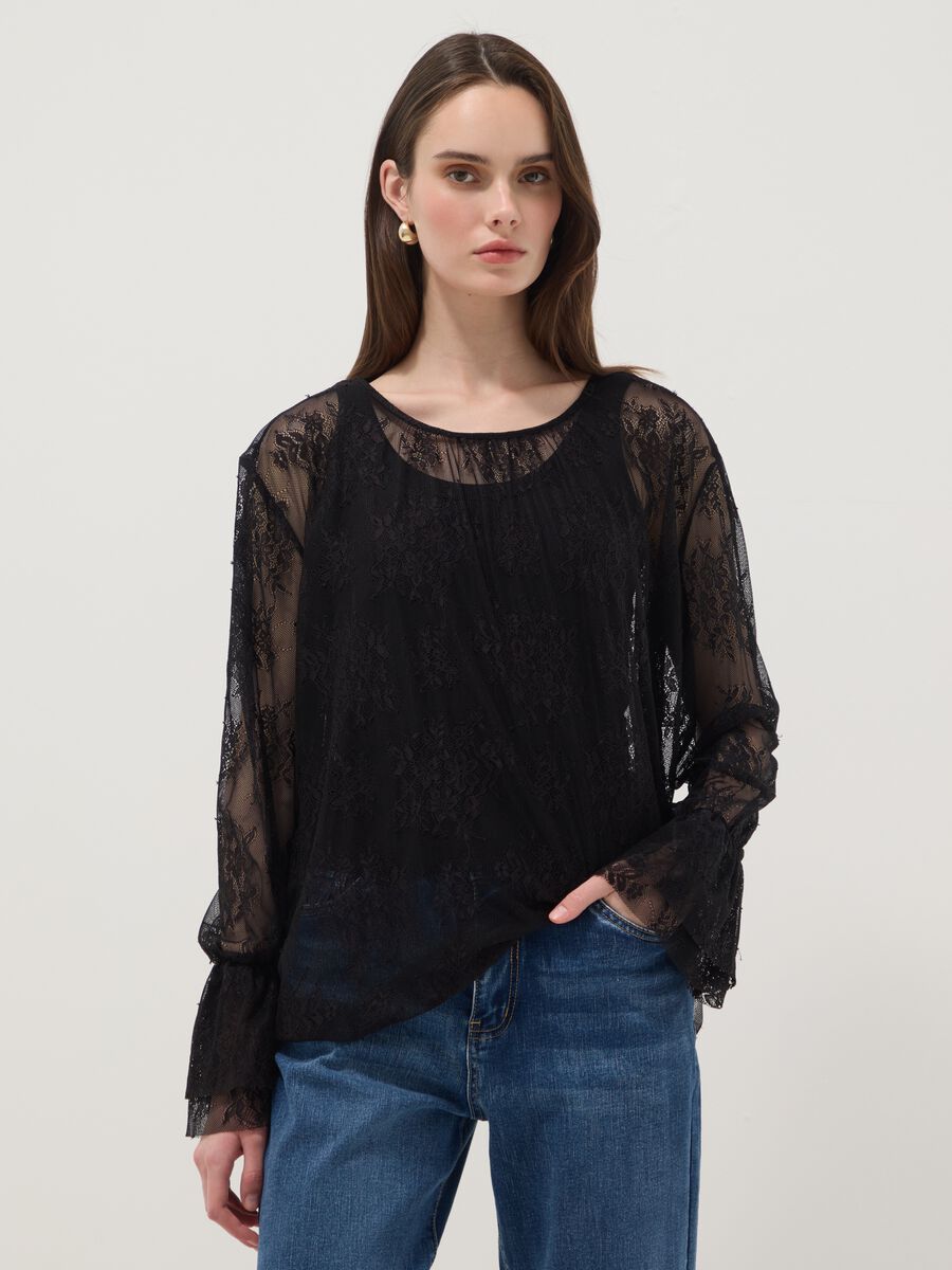 Black stretch blouse with sheer lace, regular fit_3