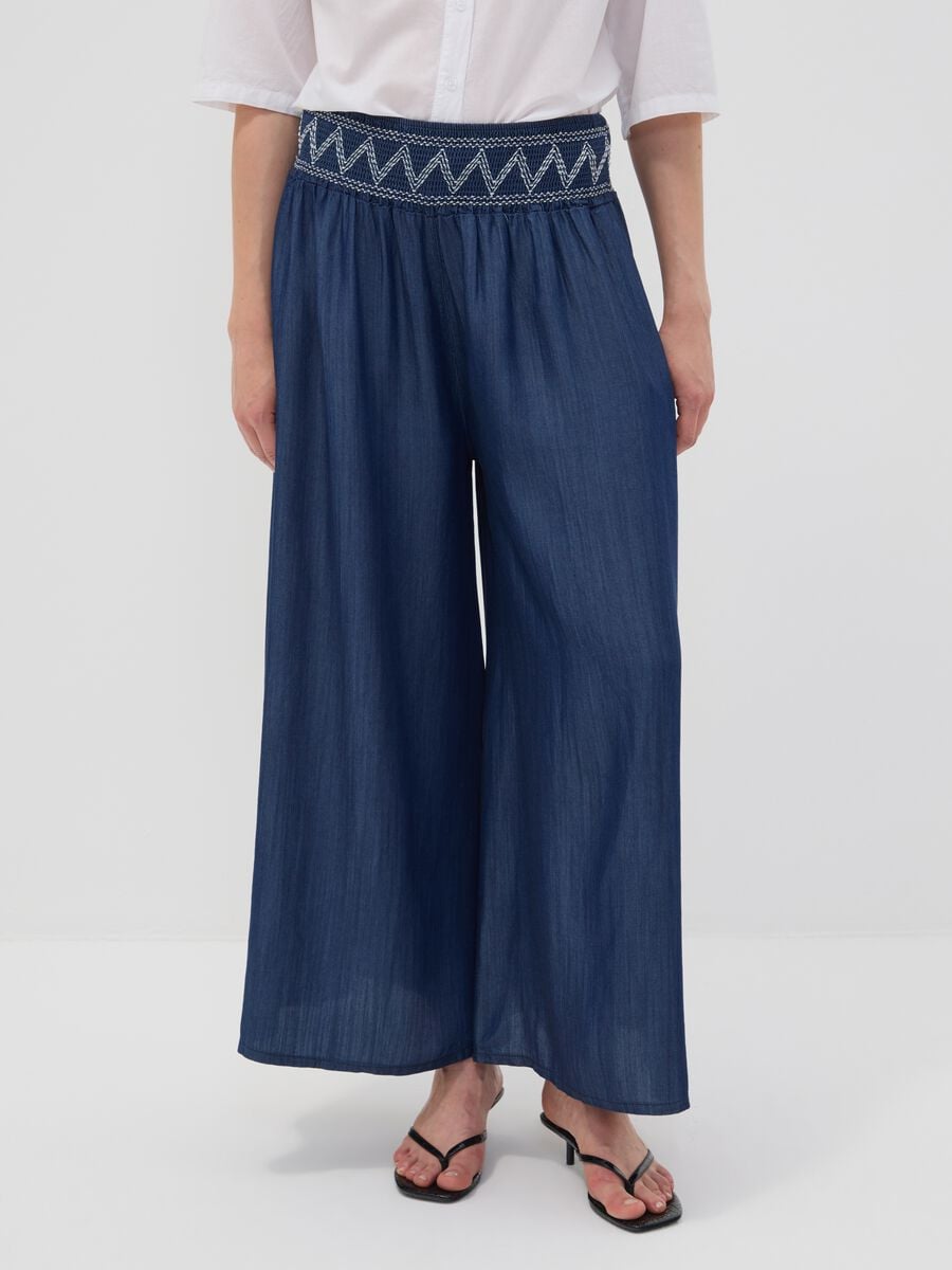Wide-leg blue formal trousers in pure lyocell with embroidered waistband_1