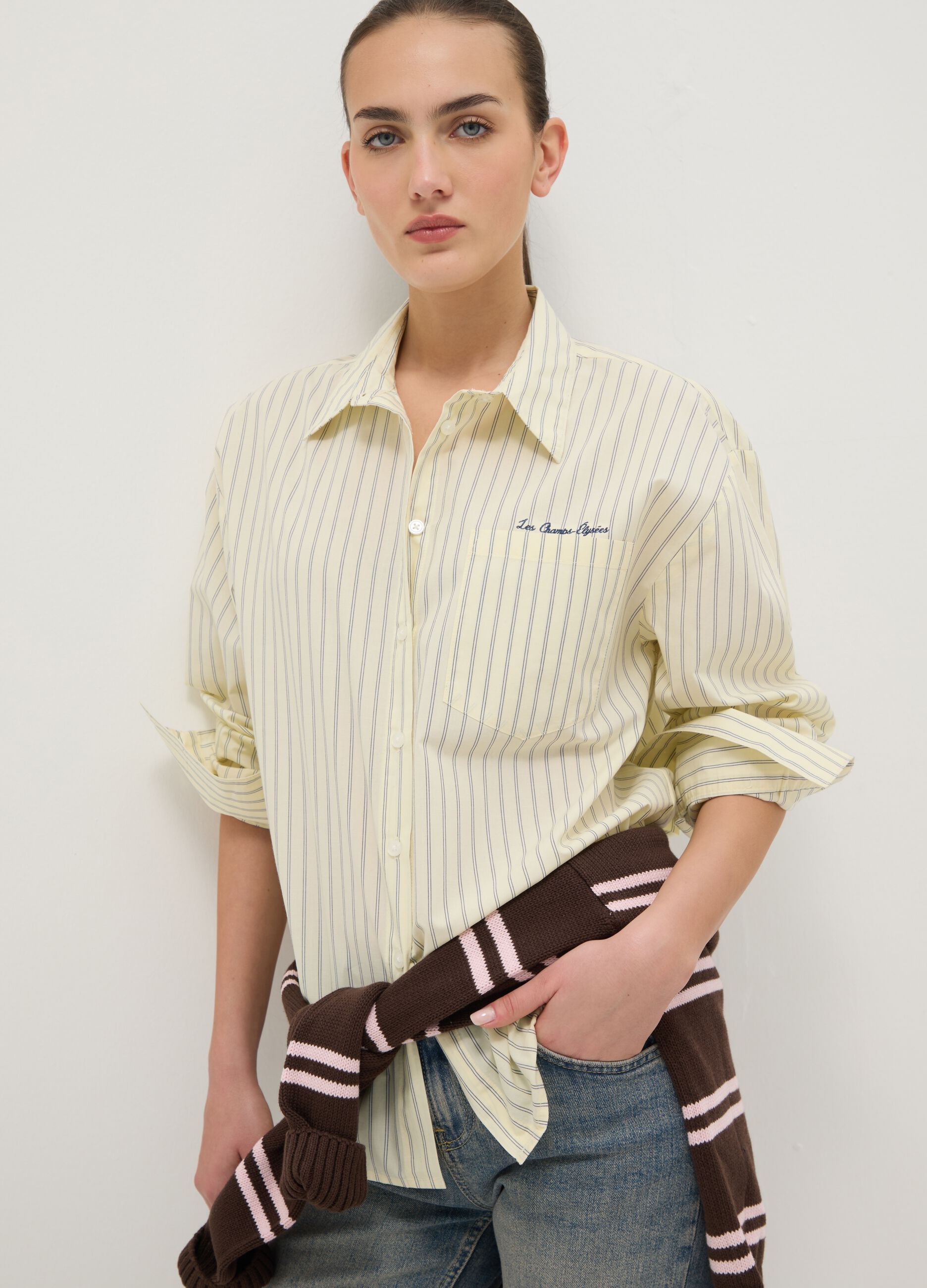 Regular fit yellow striped pure cotton shirt