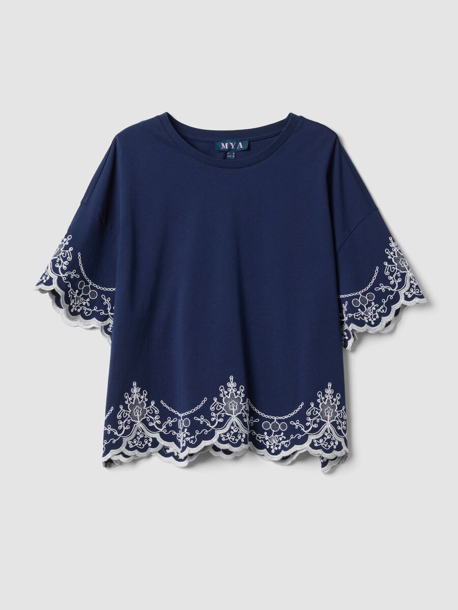 Blue pure cotton embroidered T-shirt, regular fit_0