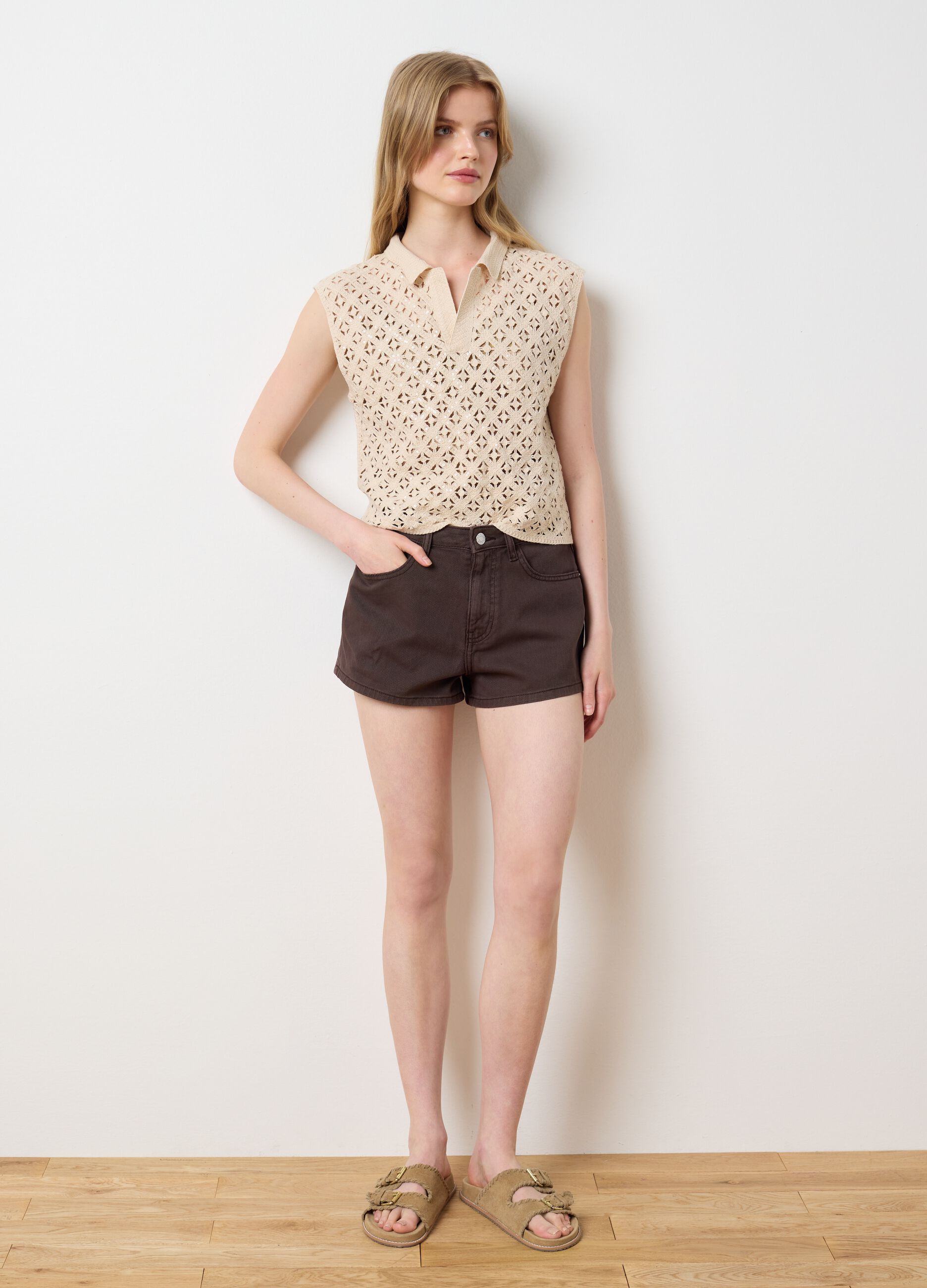 Beige fitted women's top in cotton blend with sequins