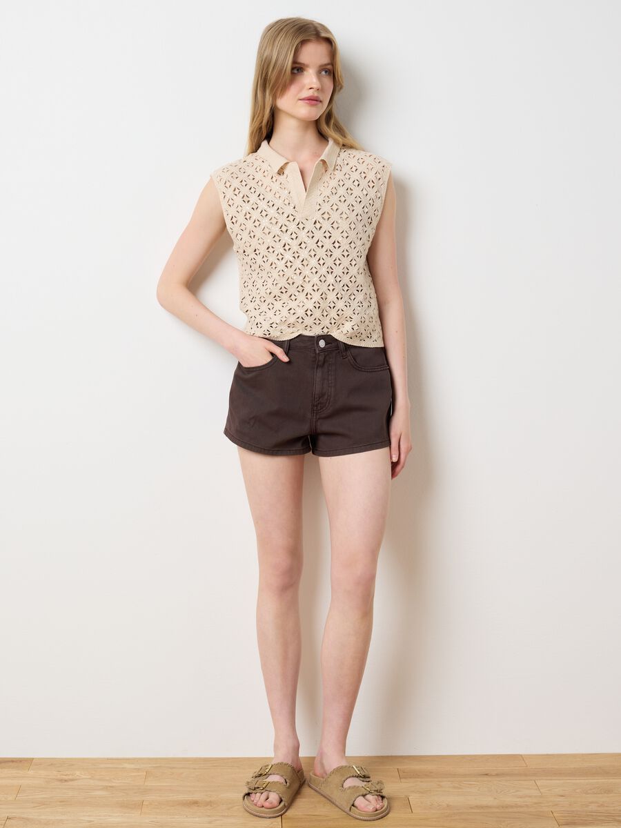 Beige fitted women's top in cotton blend with sequins_1