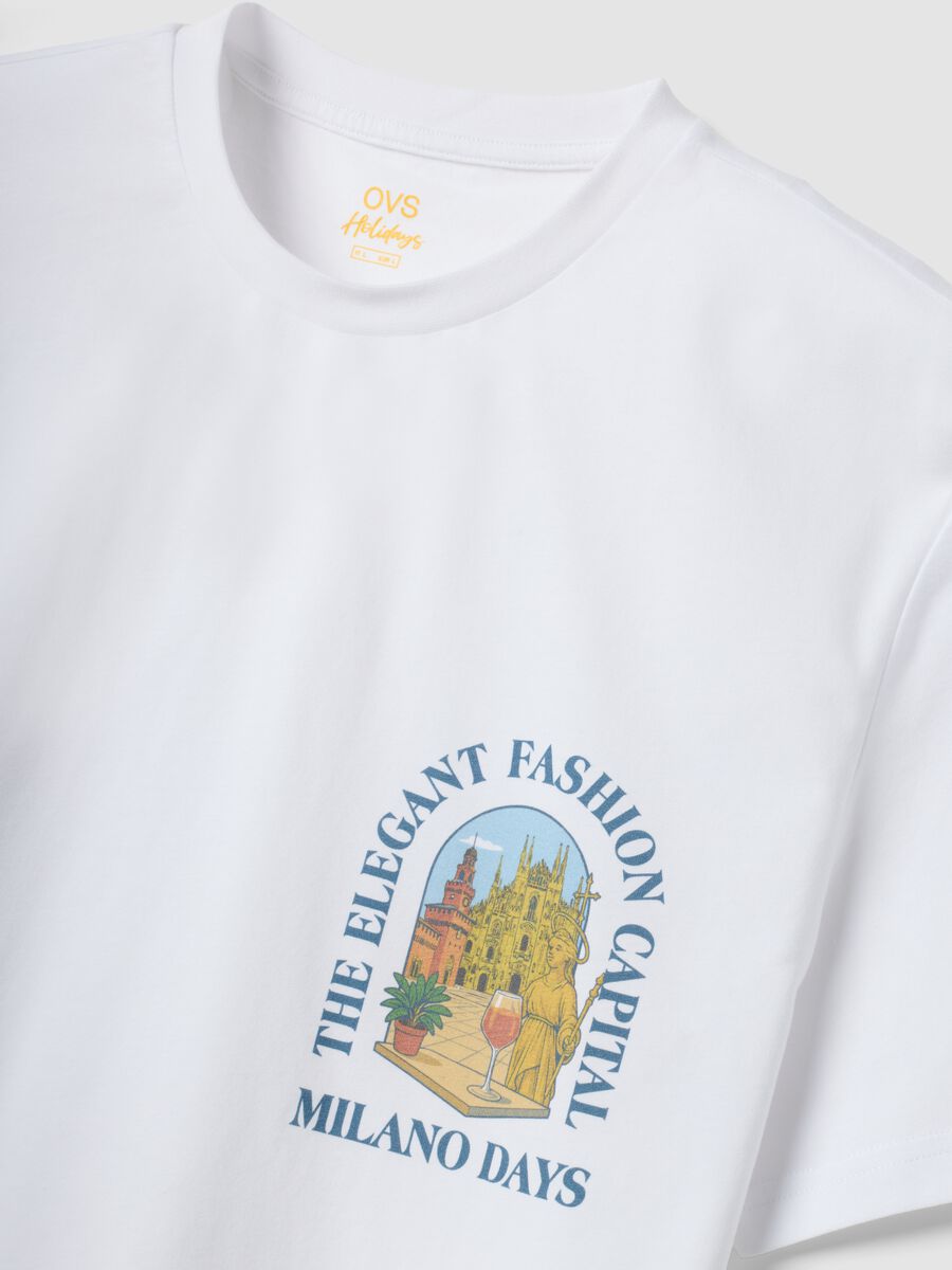 White pure cotton T-shirt with chest print, regular fit_5
