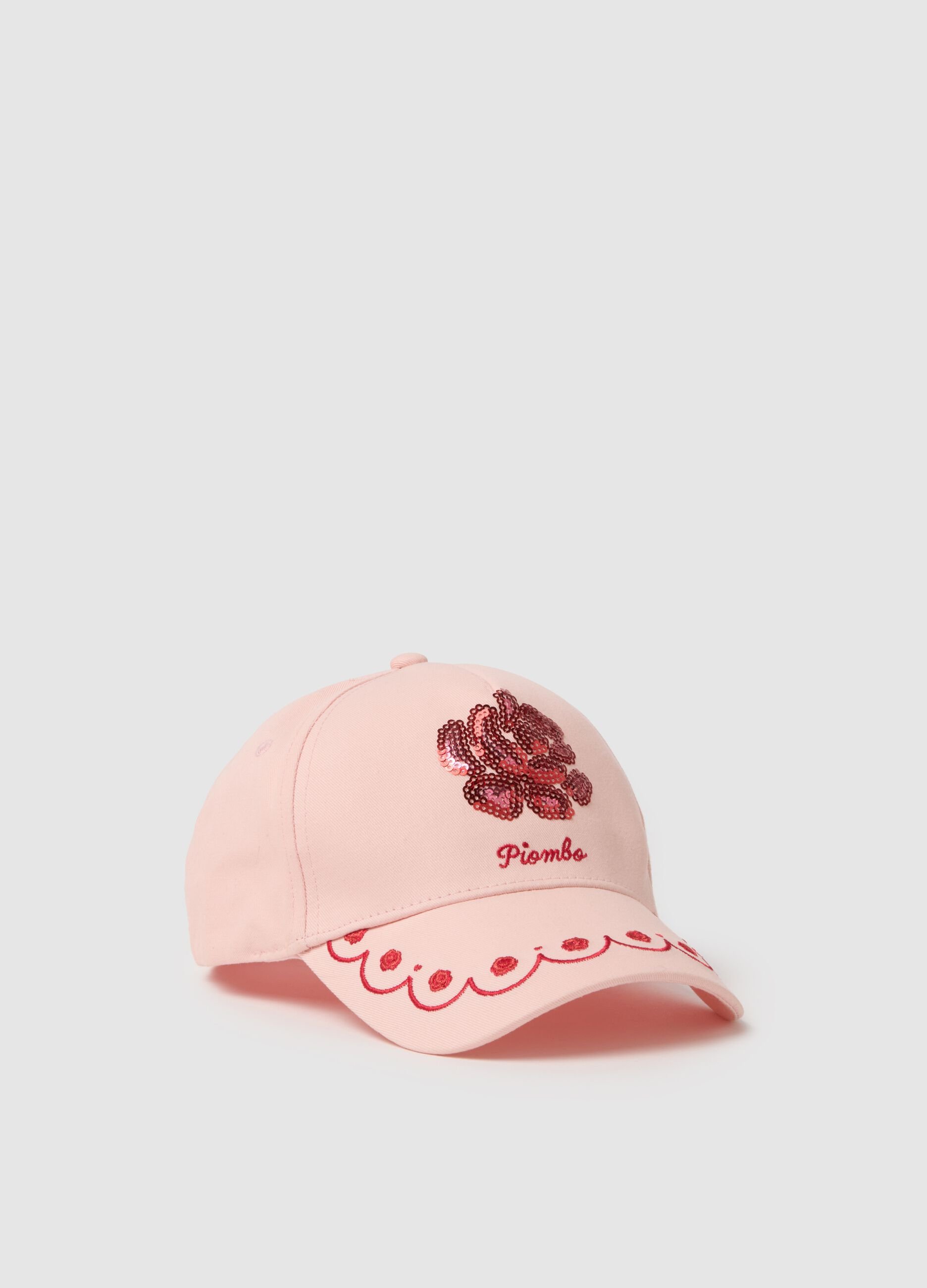 Girls' pink pure cotton hat with visor and sequins