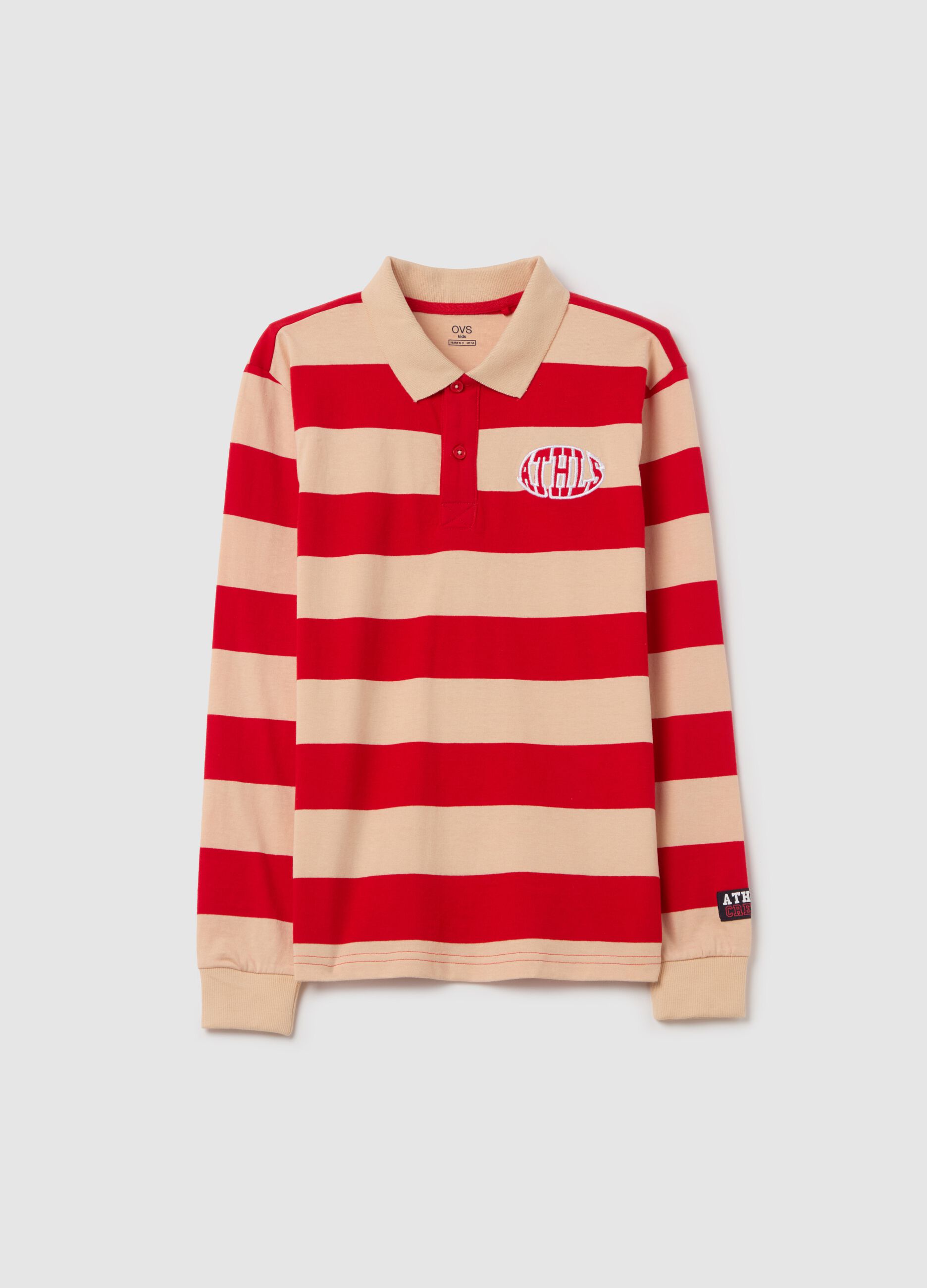 Long-sleeved polo shirt with striped pattern and "ATHLS" embroidery