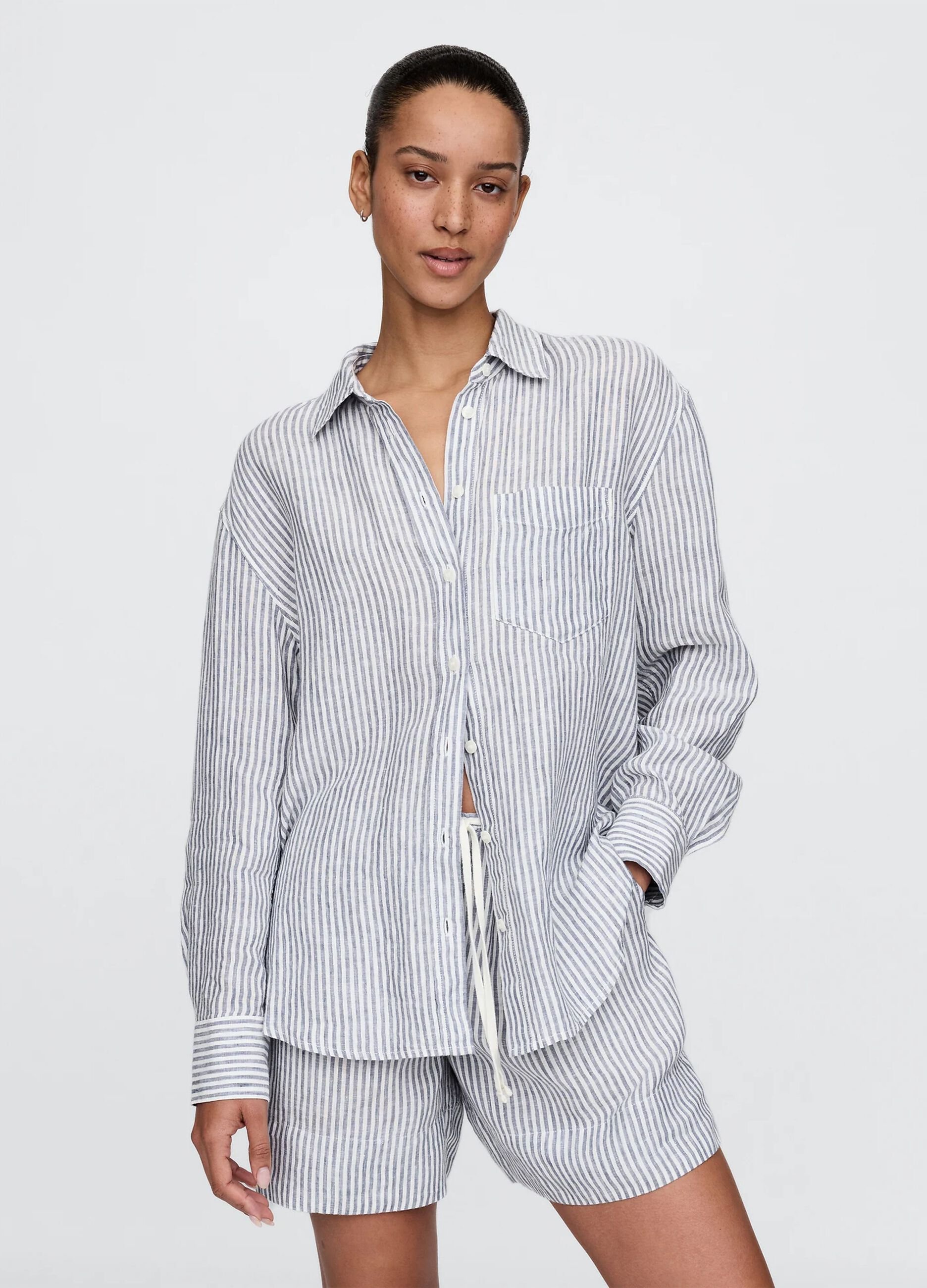 Wide blue and white striped shirt in 100% linen