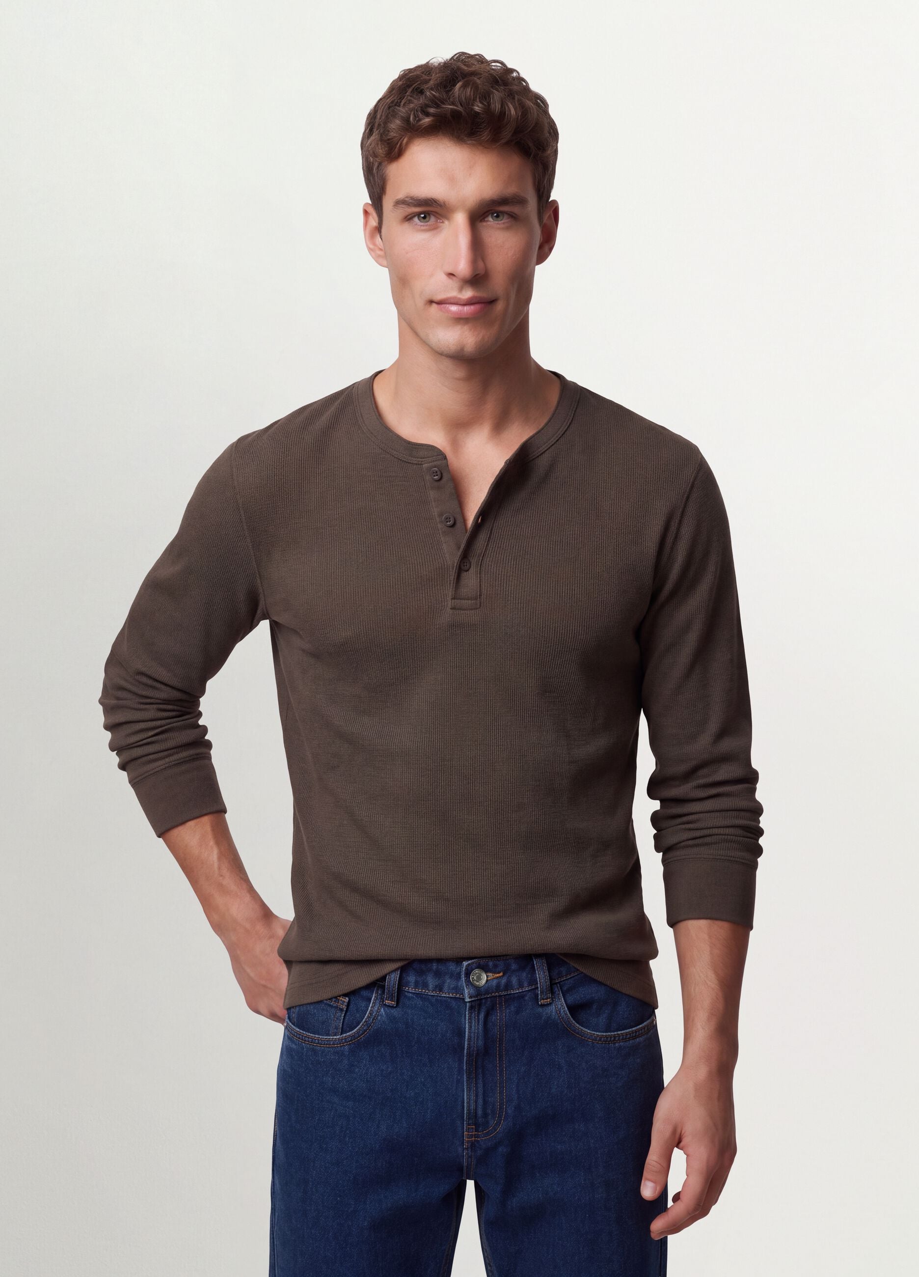 Brown honeycomb viscose-blend regular-fit T-shirt