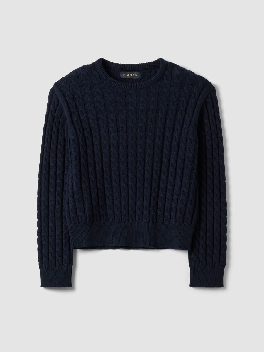 Maglia blu girocollo in puro cotone a trecce regular fit_0