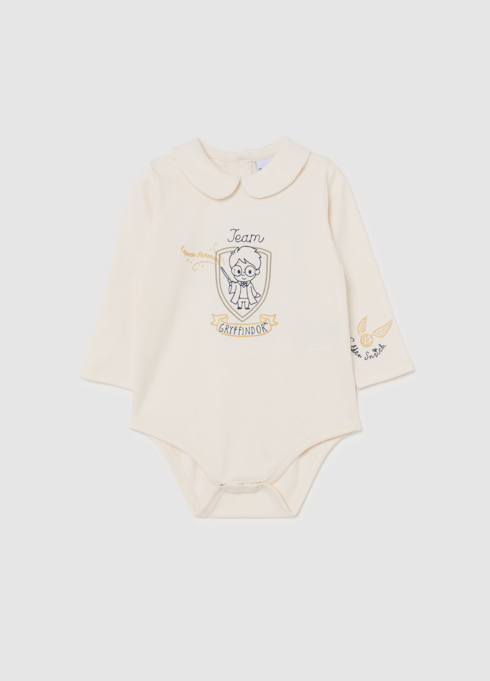 Baby bodysuit in pure beige cotton with collar print