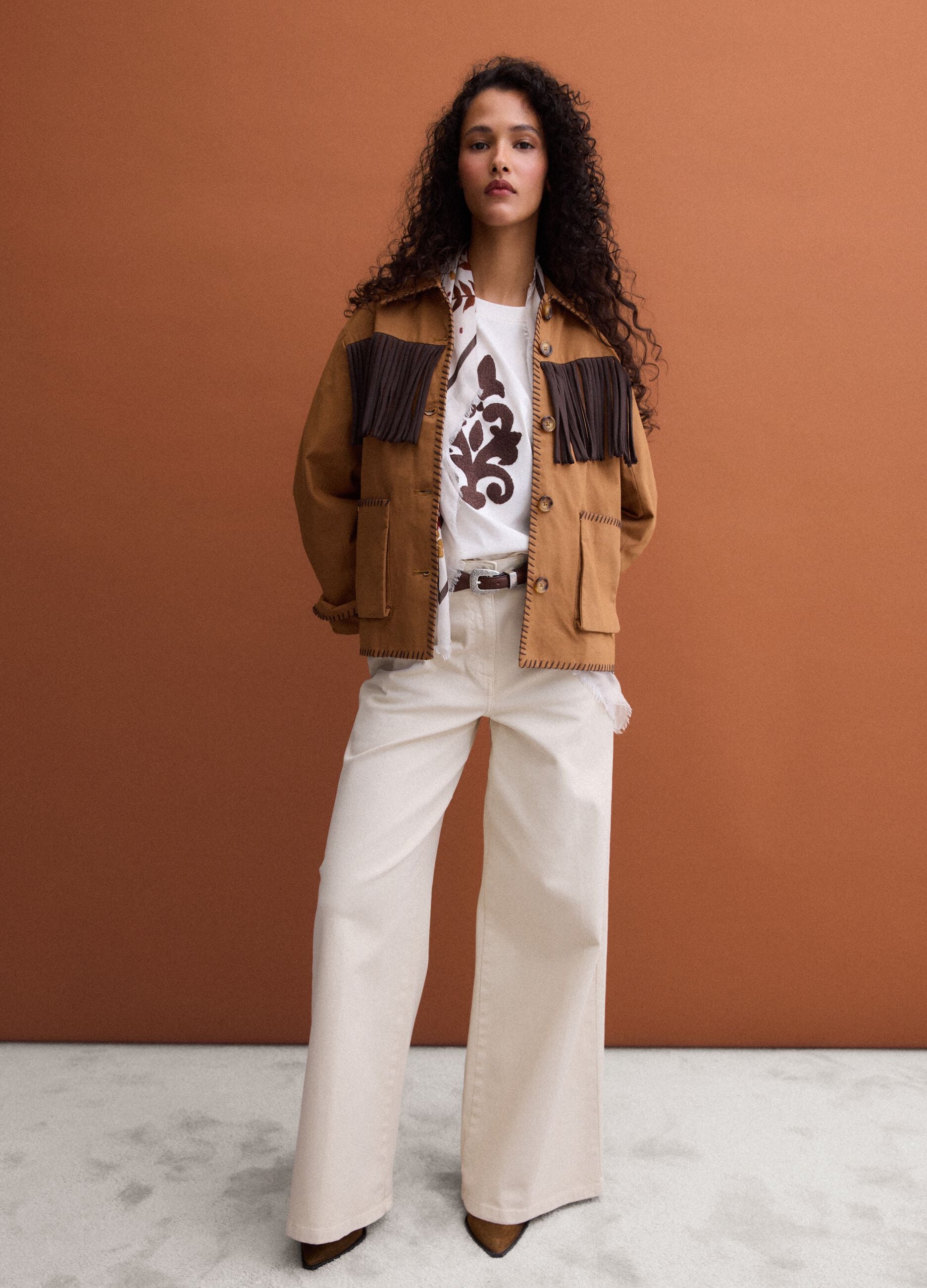 Brown pure cotton fringed shacket, regular fit