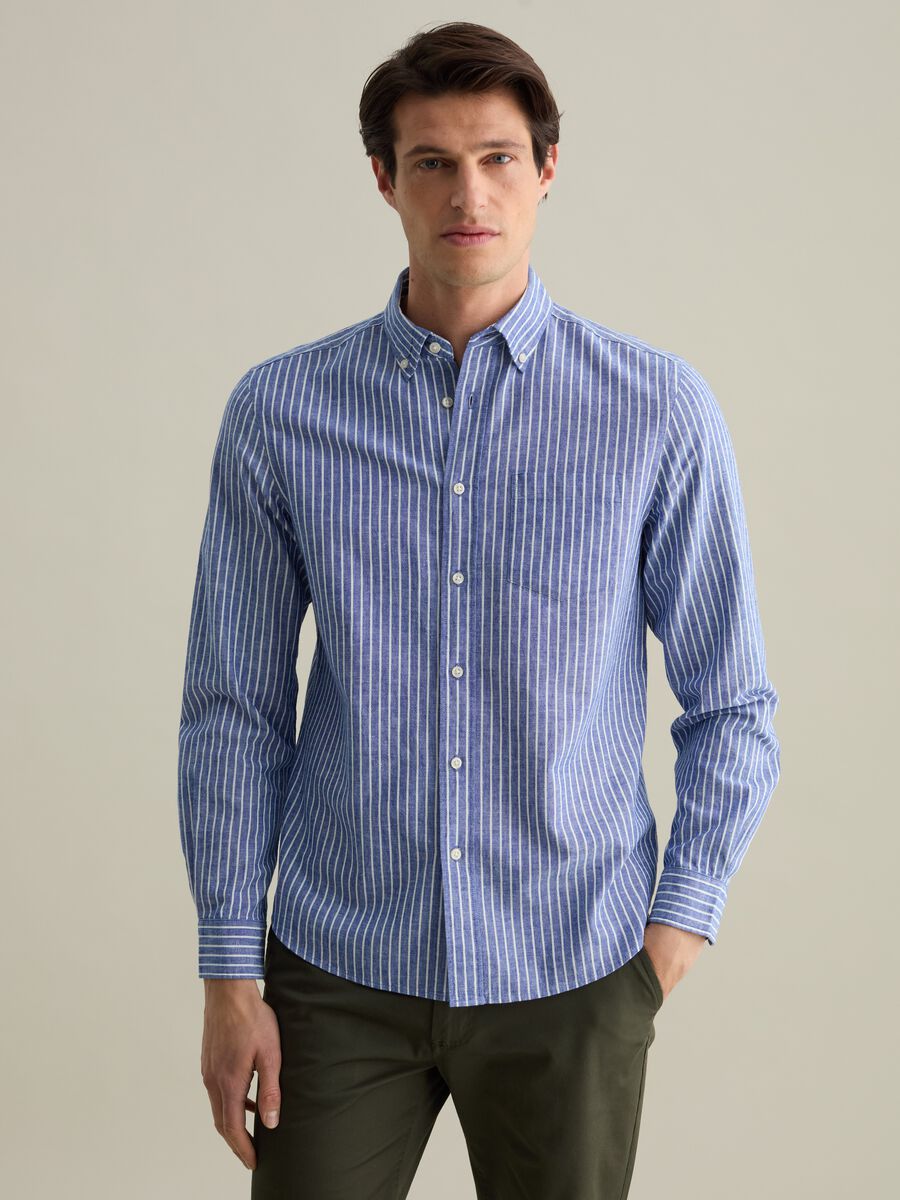 Striped regular-fit shirt in cotton and linen_0