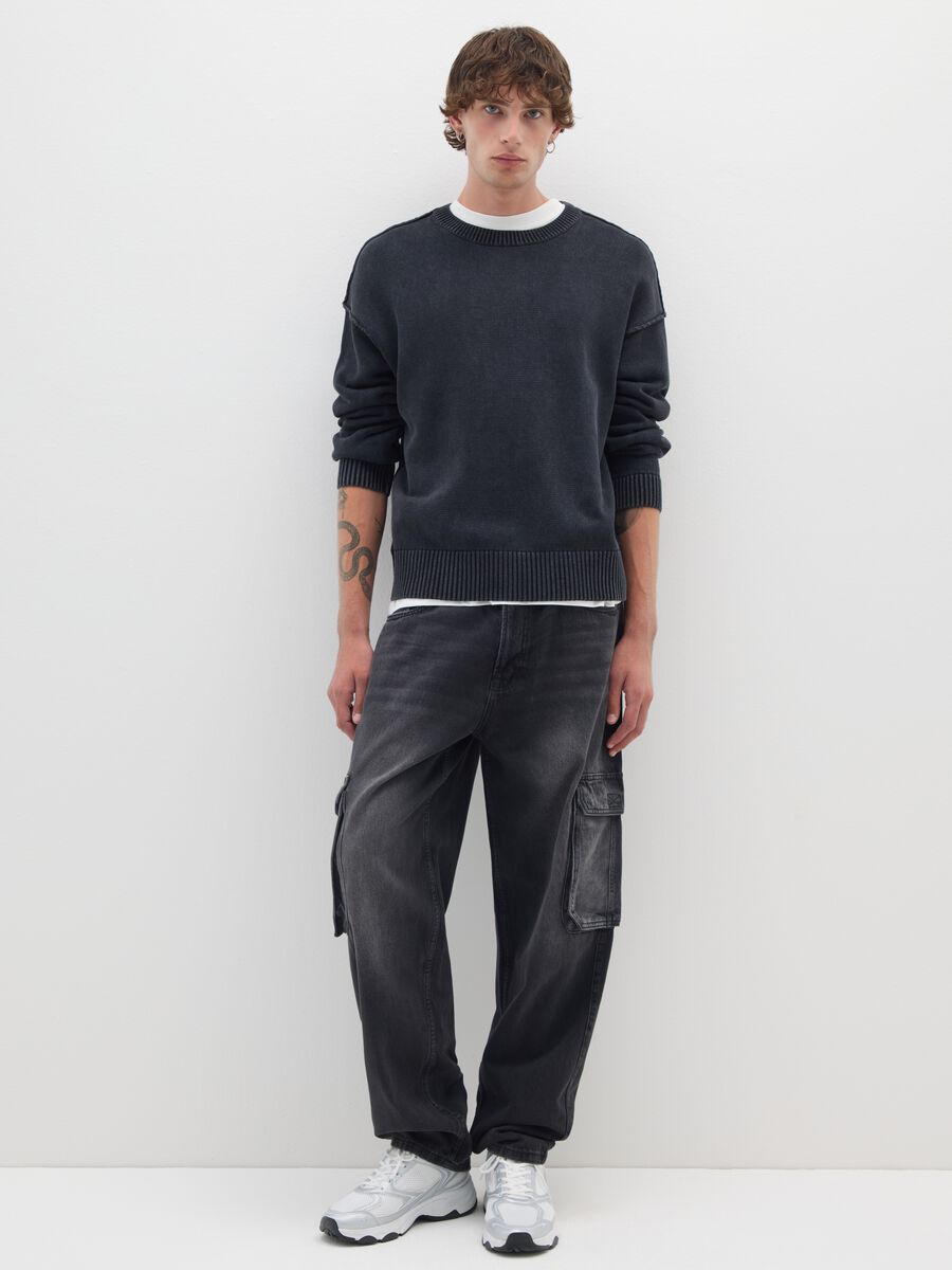 Jeans baggy in puro cotone neri con tasche cargo_0