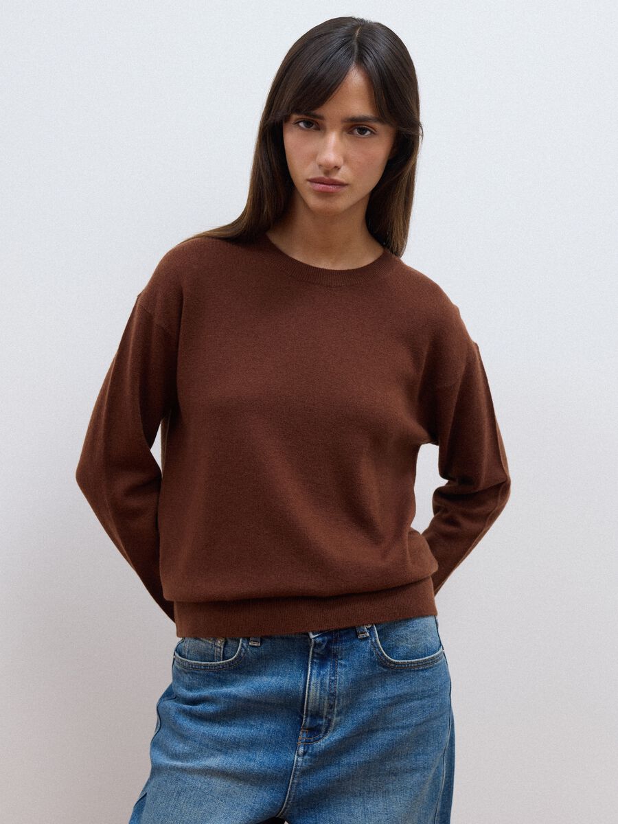 Brown pure wool crew-neck jumper with oversized fit_1