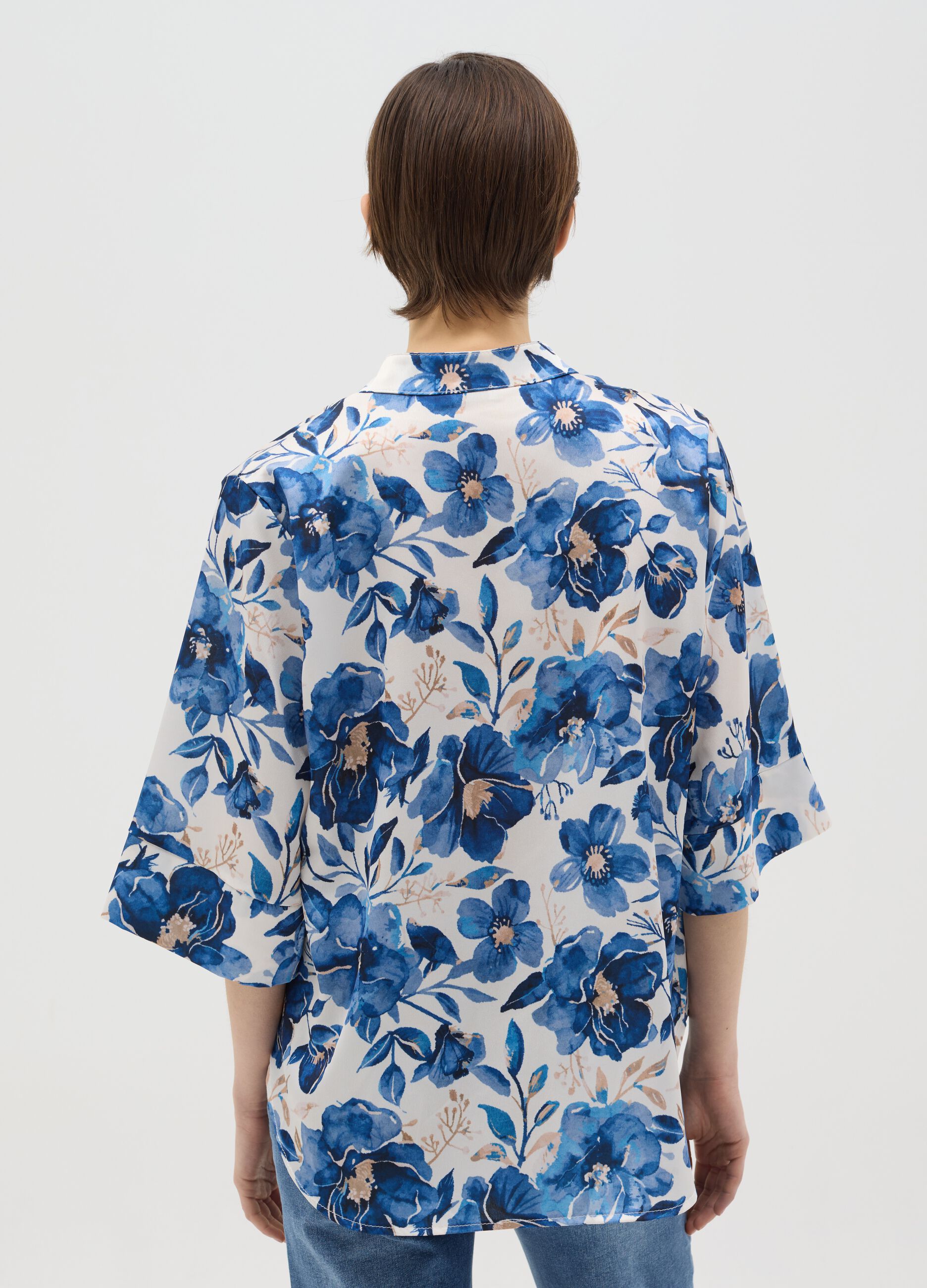 White and blue floral blouse with kimono sleeves