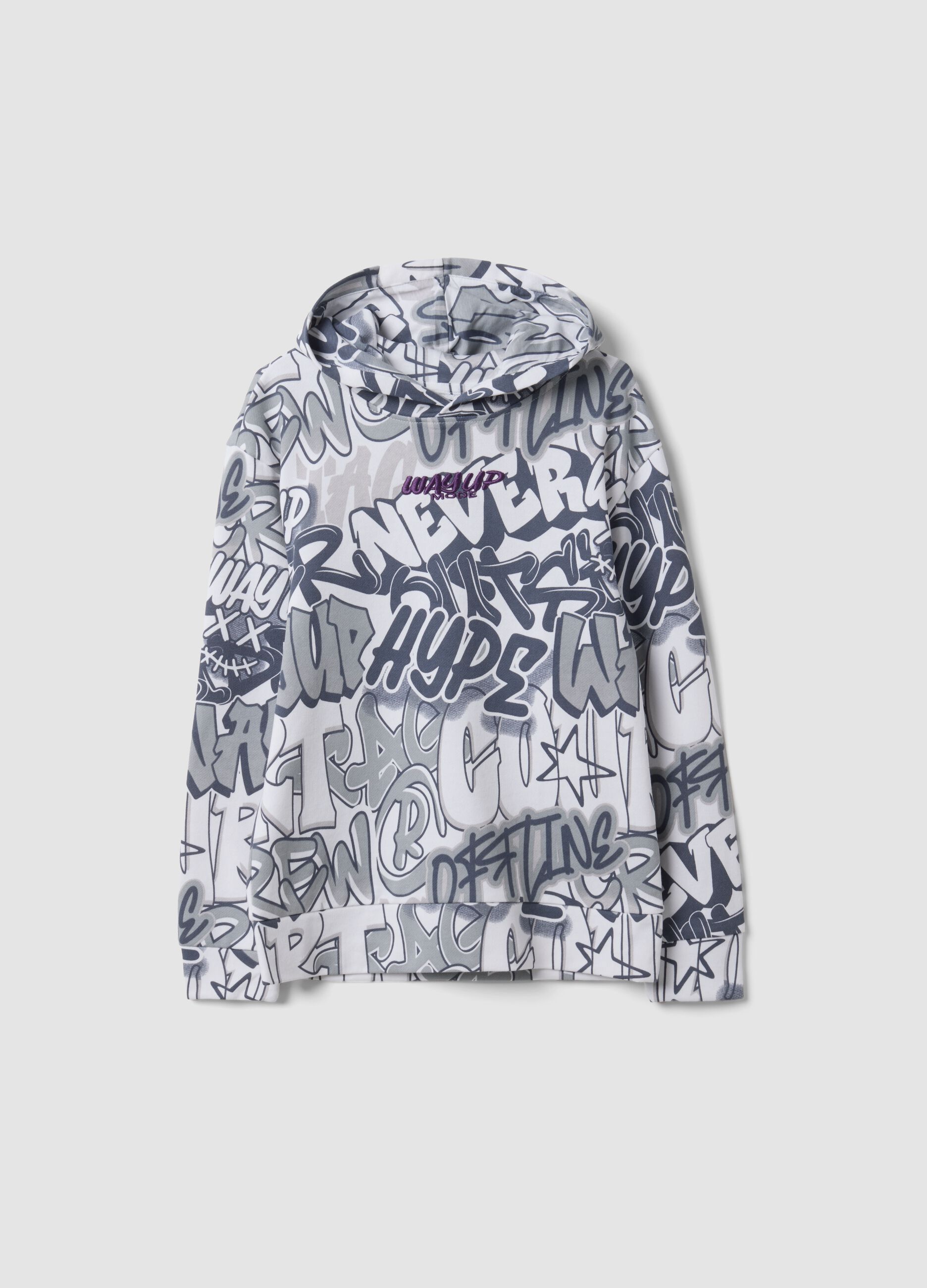 White cotton-blend hoodie with all-over graffiti print for boys