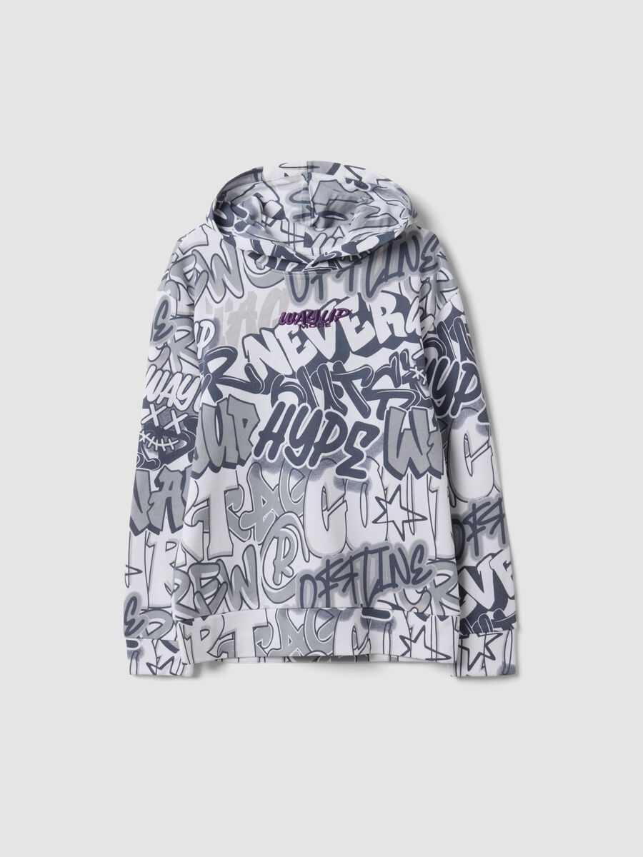 White cotton-blend hoodie with all-over graffiti print for boys_0